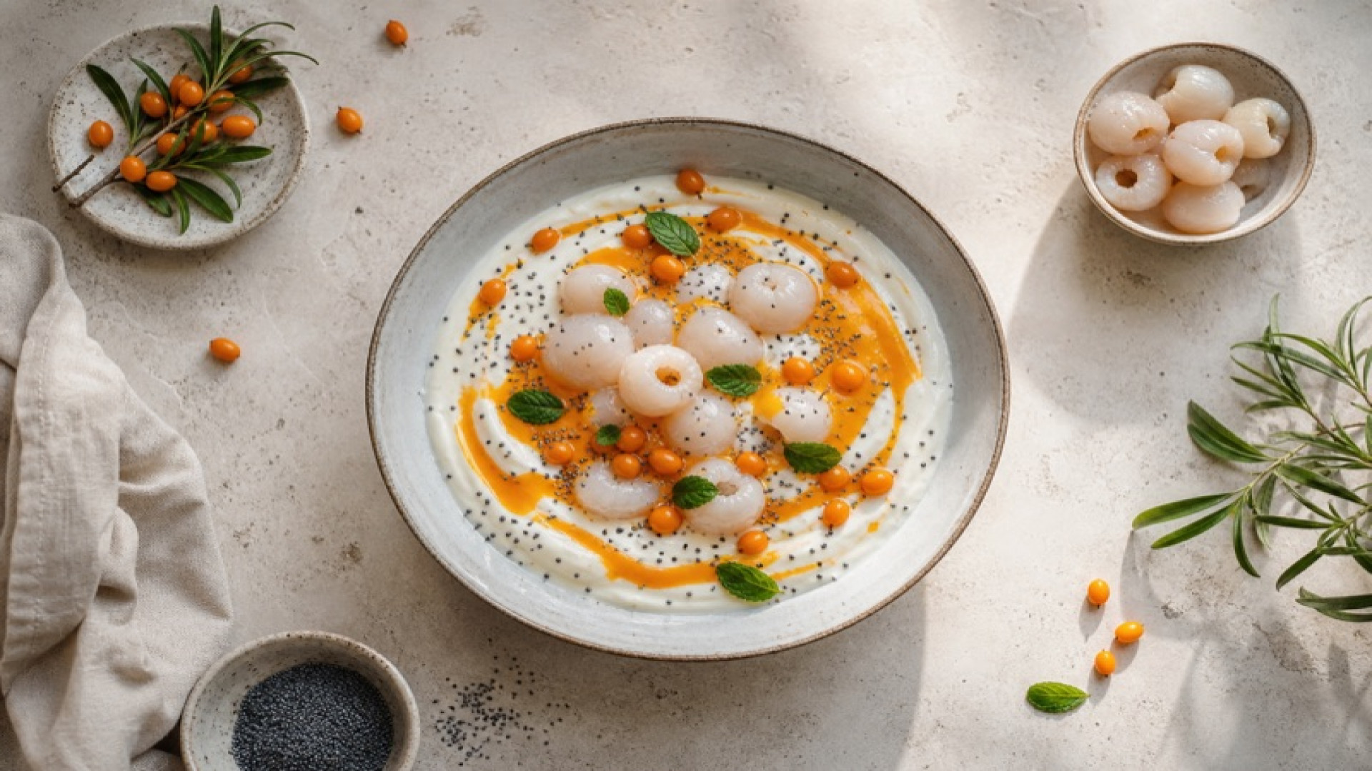 Sanddorn-Skyr-Bowl mit Litschis und Mohn