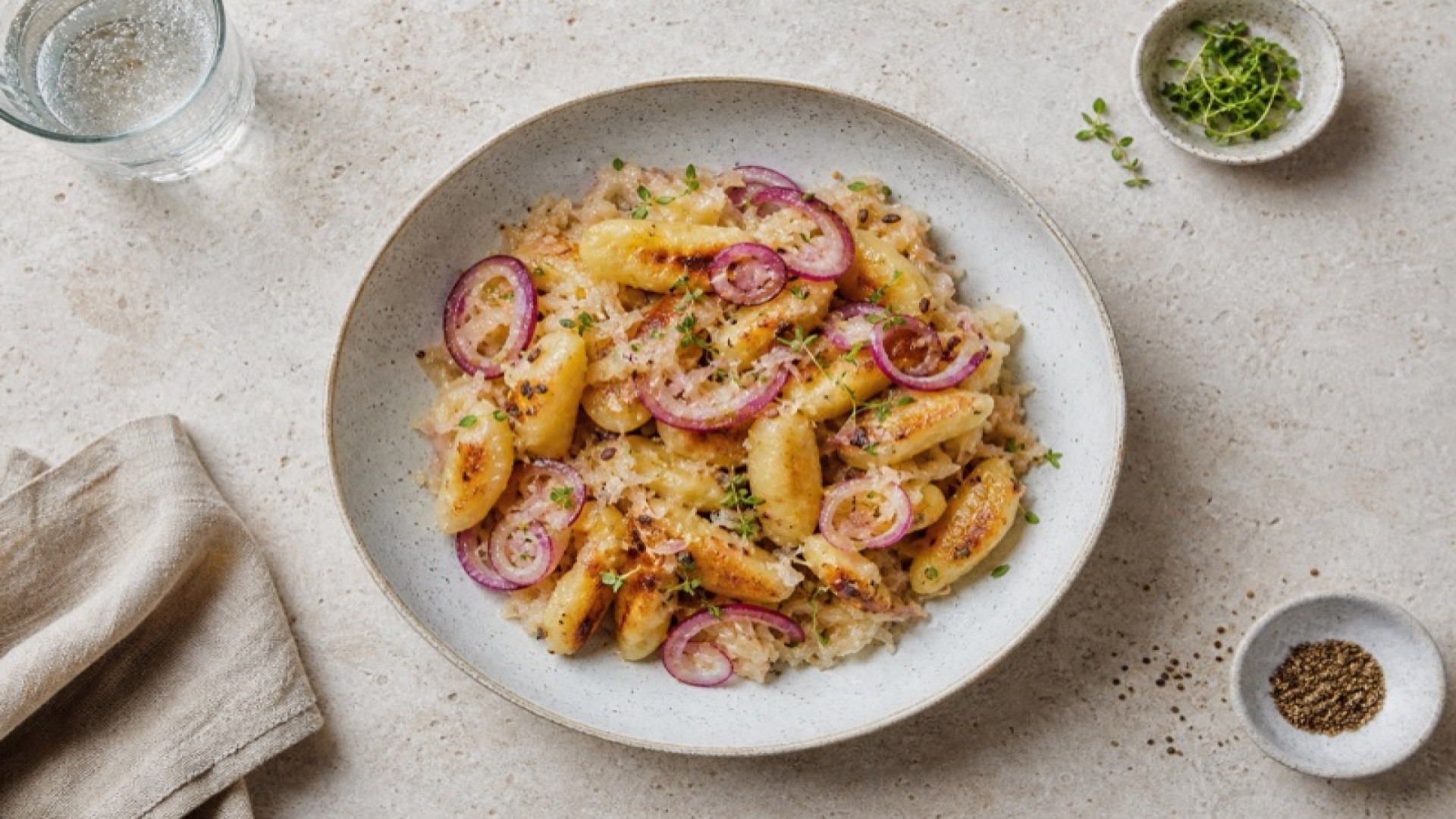 Sauerkraut-Schupfnudeln mit Roten Zwiebeln