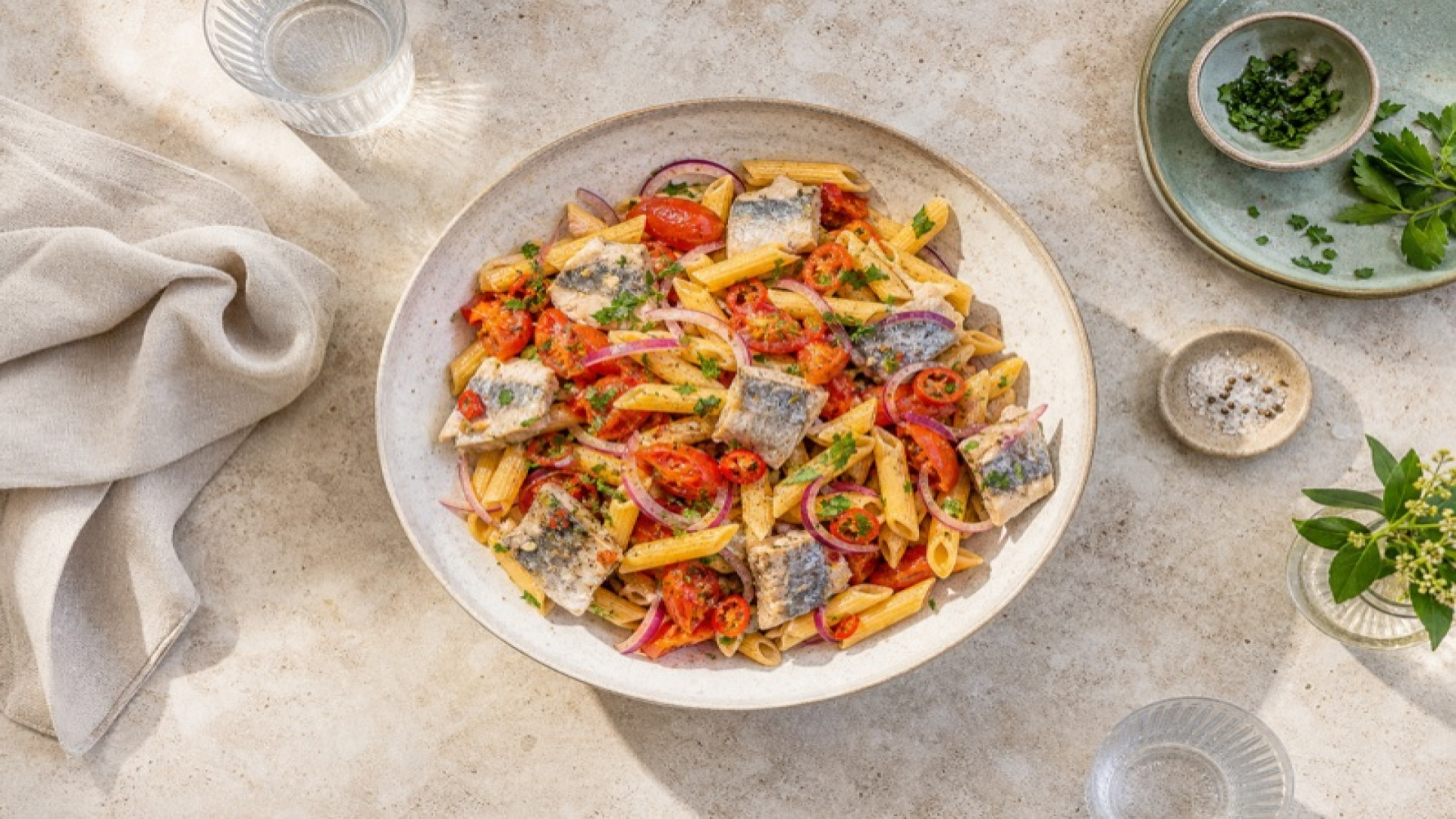 Scharfe Hering-Tomaten-Pasta mit roten Zwiebeln