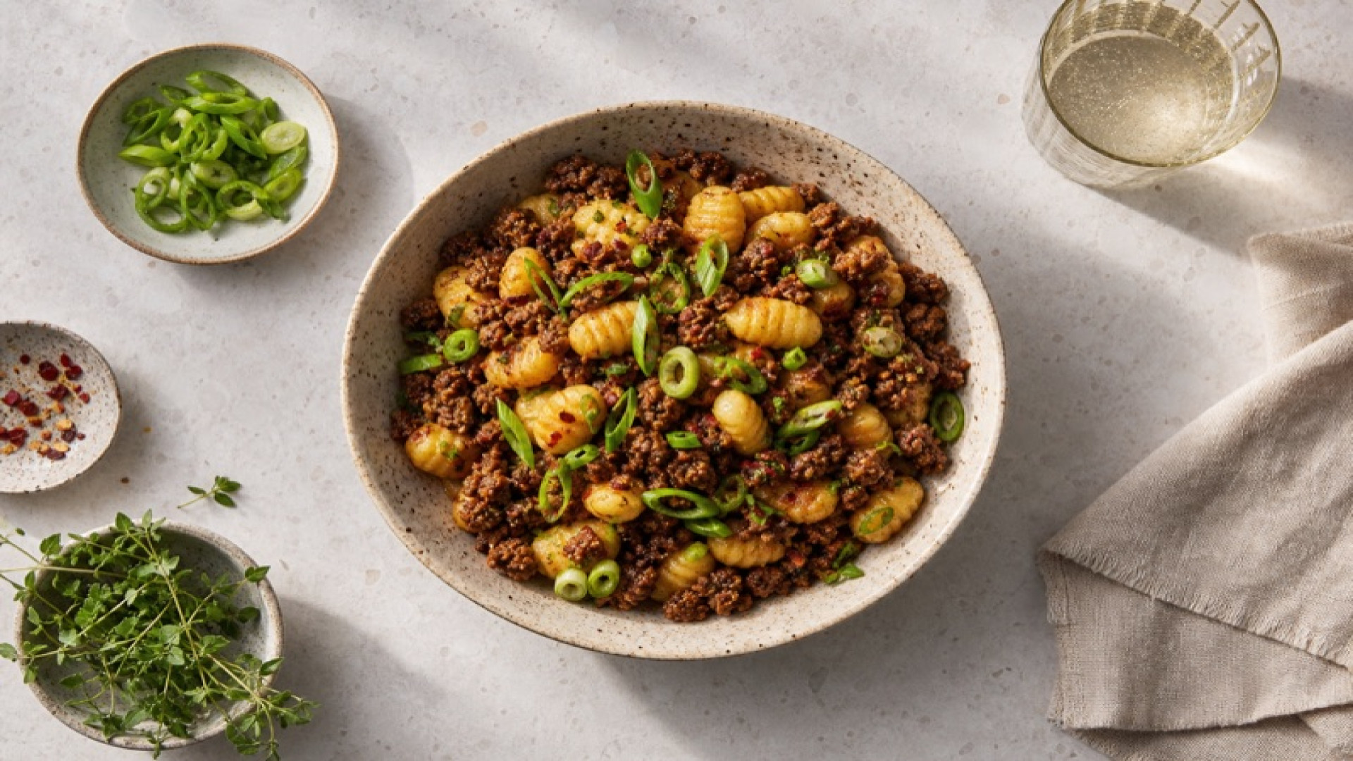 Scharfe Rind-Hackfleisch-Bowl mit Gnocchi und Frühlingszwiebeln
