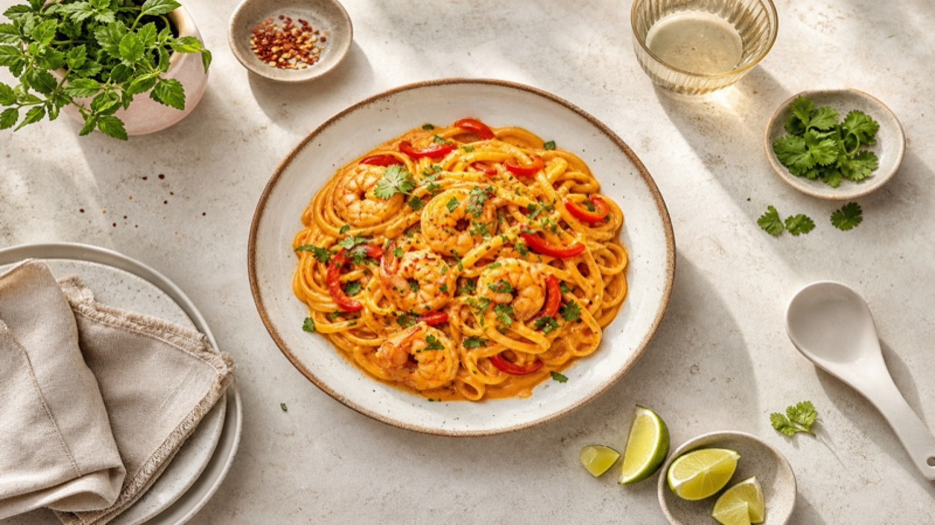 Scharfe Rote-Curry-Pasta mit Garnelen und Kokoscreme