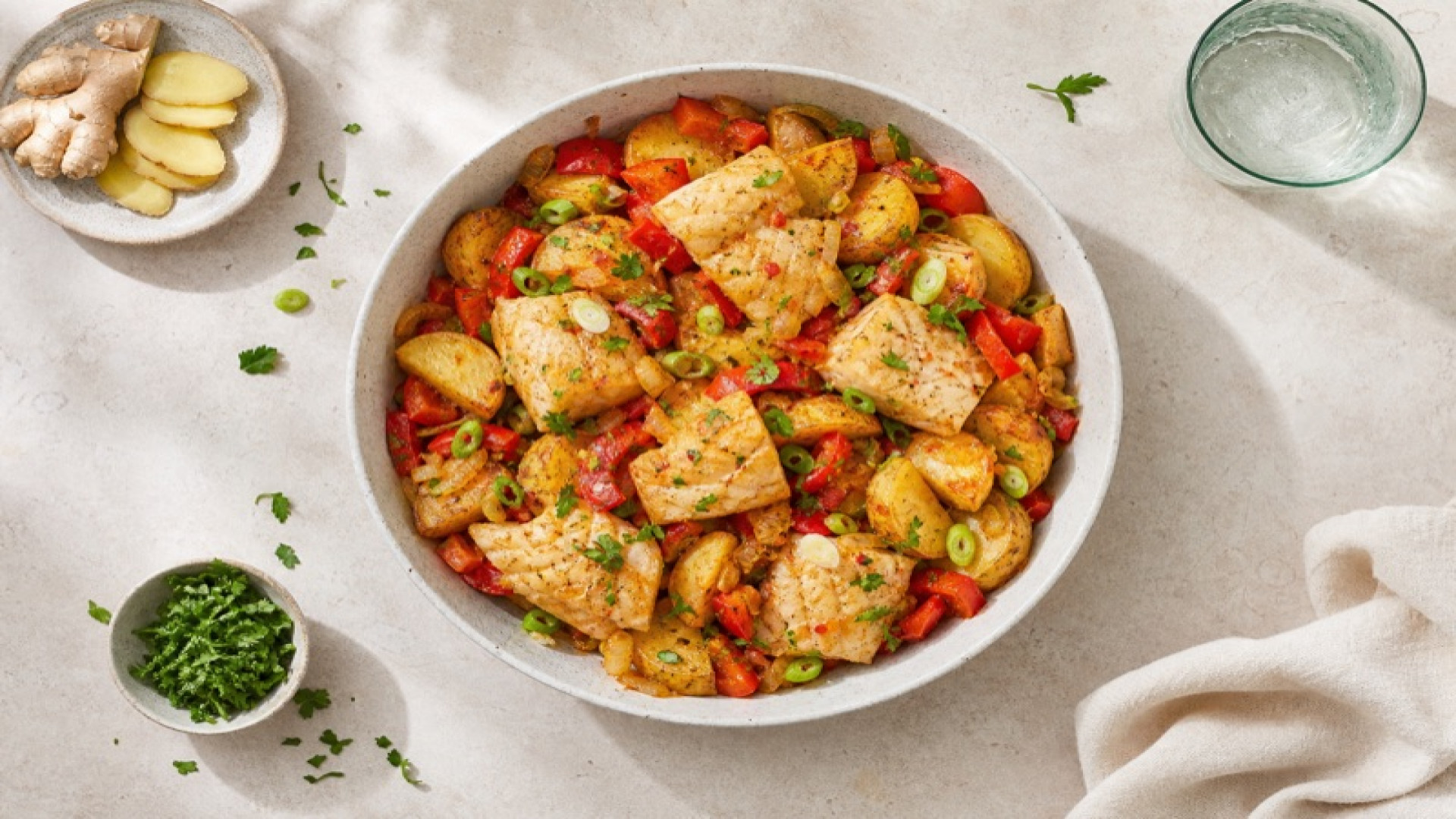 Scharfe Seelachs-Kartoffelpfanne mit Paprika und Ingwer