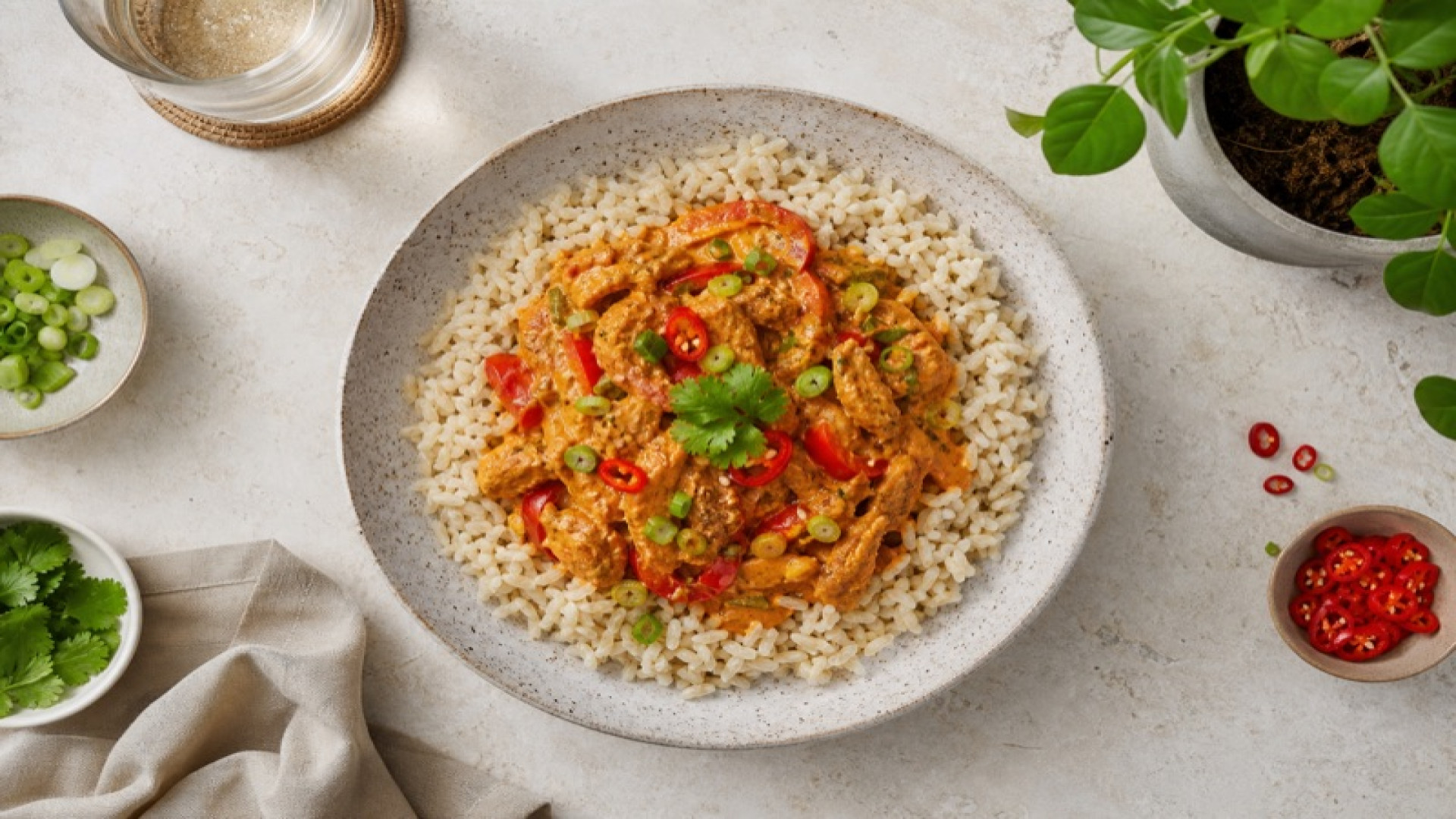 Scharfes Sojaschnetzel-Curry auf Parboiled-Reis