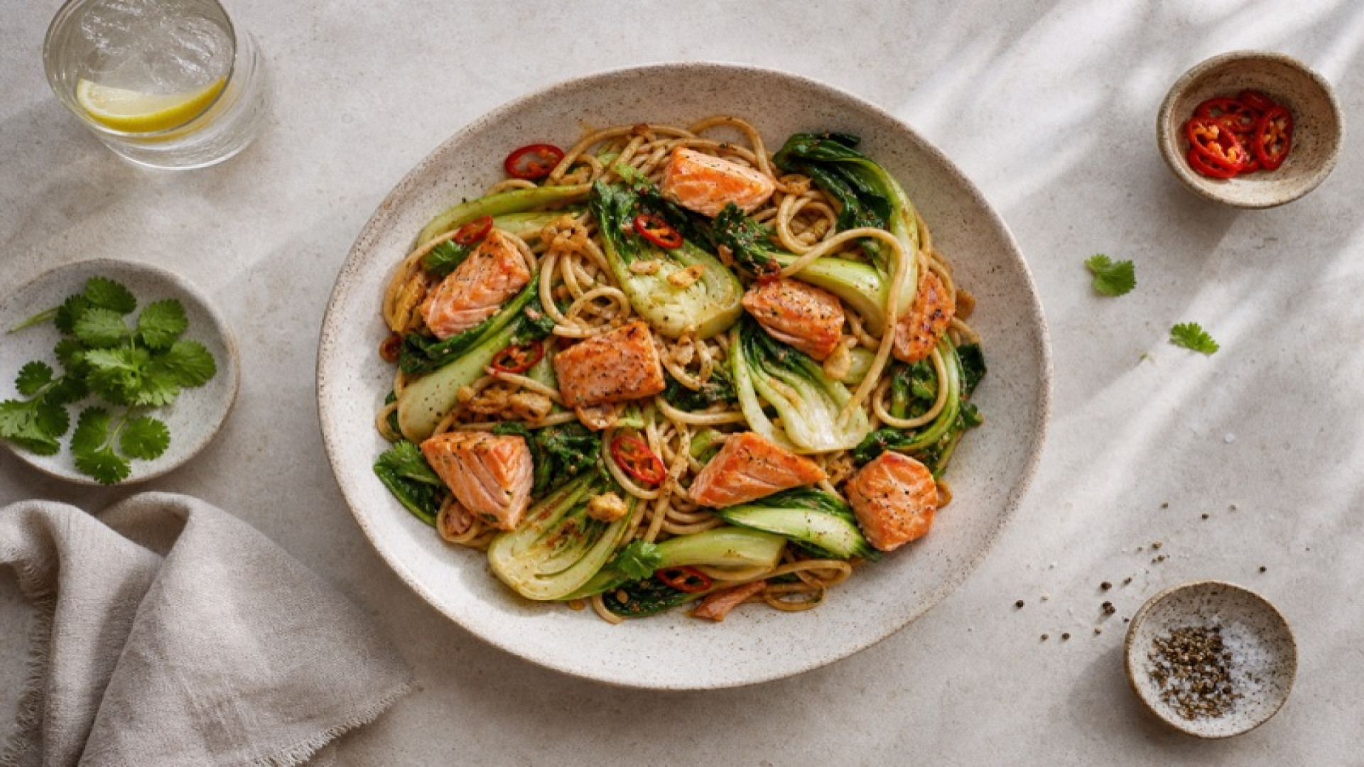 Scharfe Wildlachs-Nudeln mit Pak Choi und Knoblauch