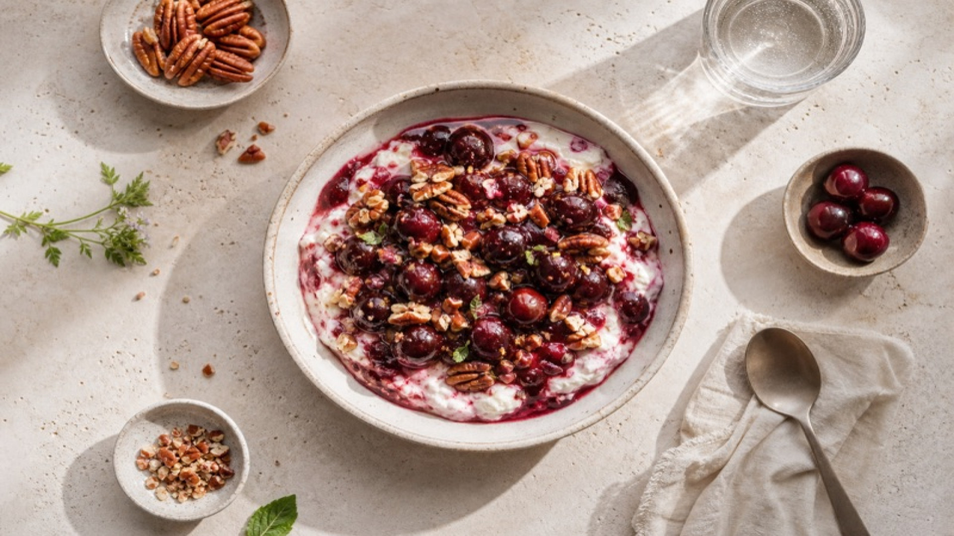 Schattenmorellen-Quark-Bowl mit Pekannüssen