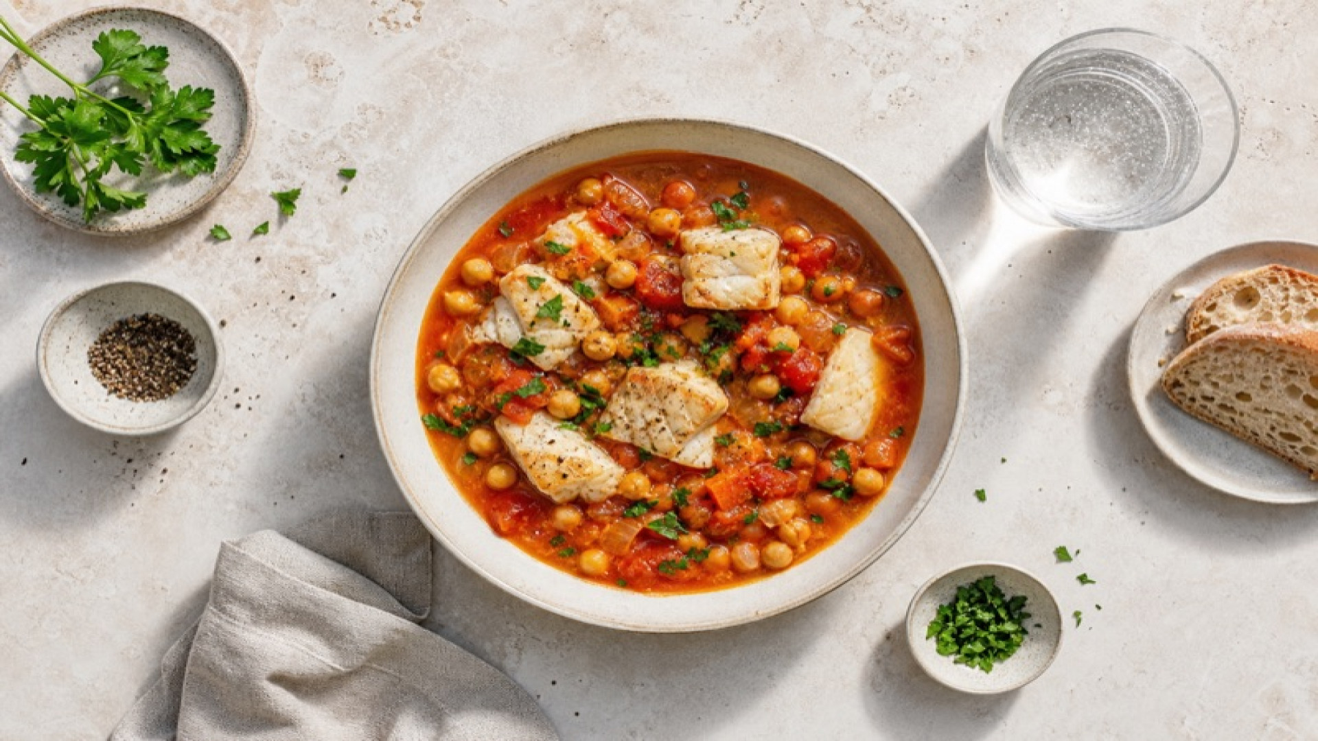 Schellfisch-Tomaten-Eintopf mit Kichererbsen