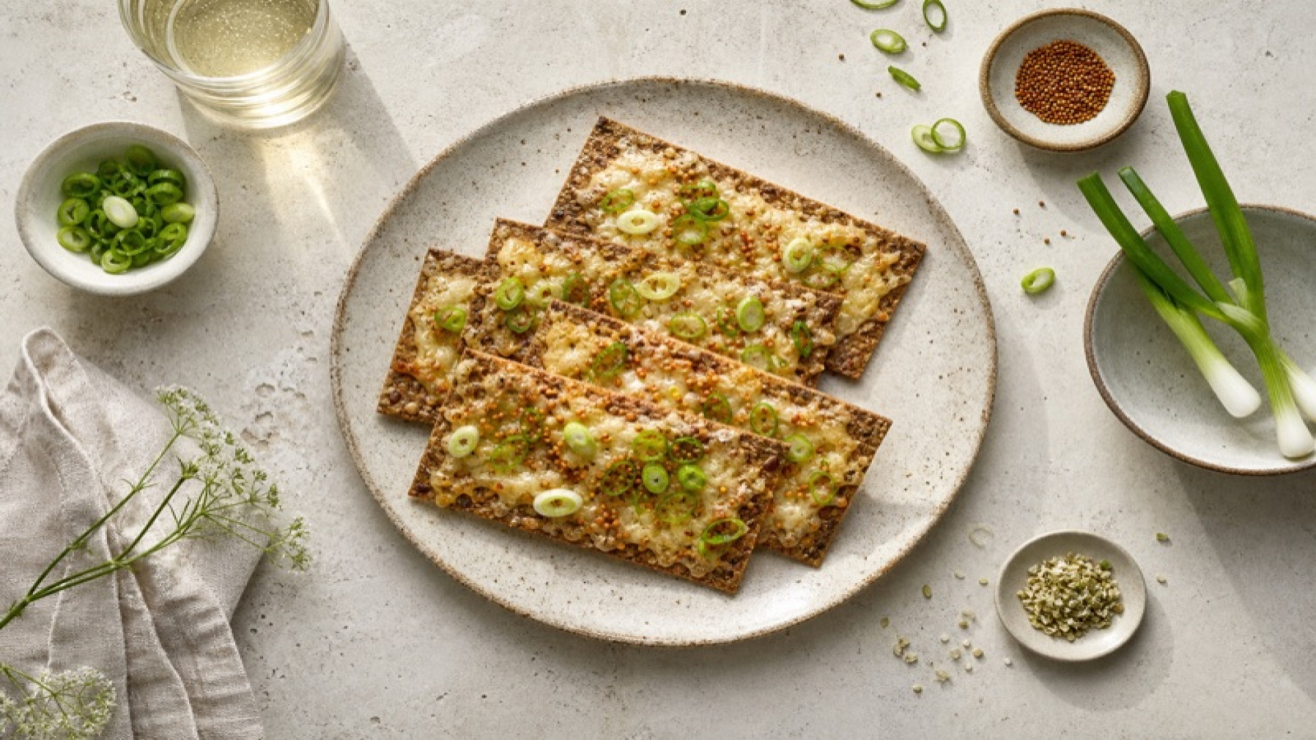Schichtkäse-Knäckebrot mit Frühlingszwiebeln und Senfsamen