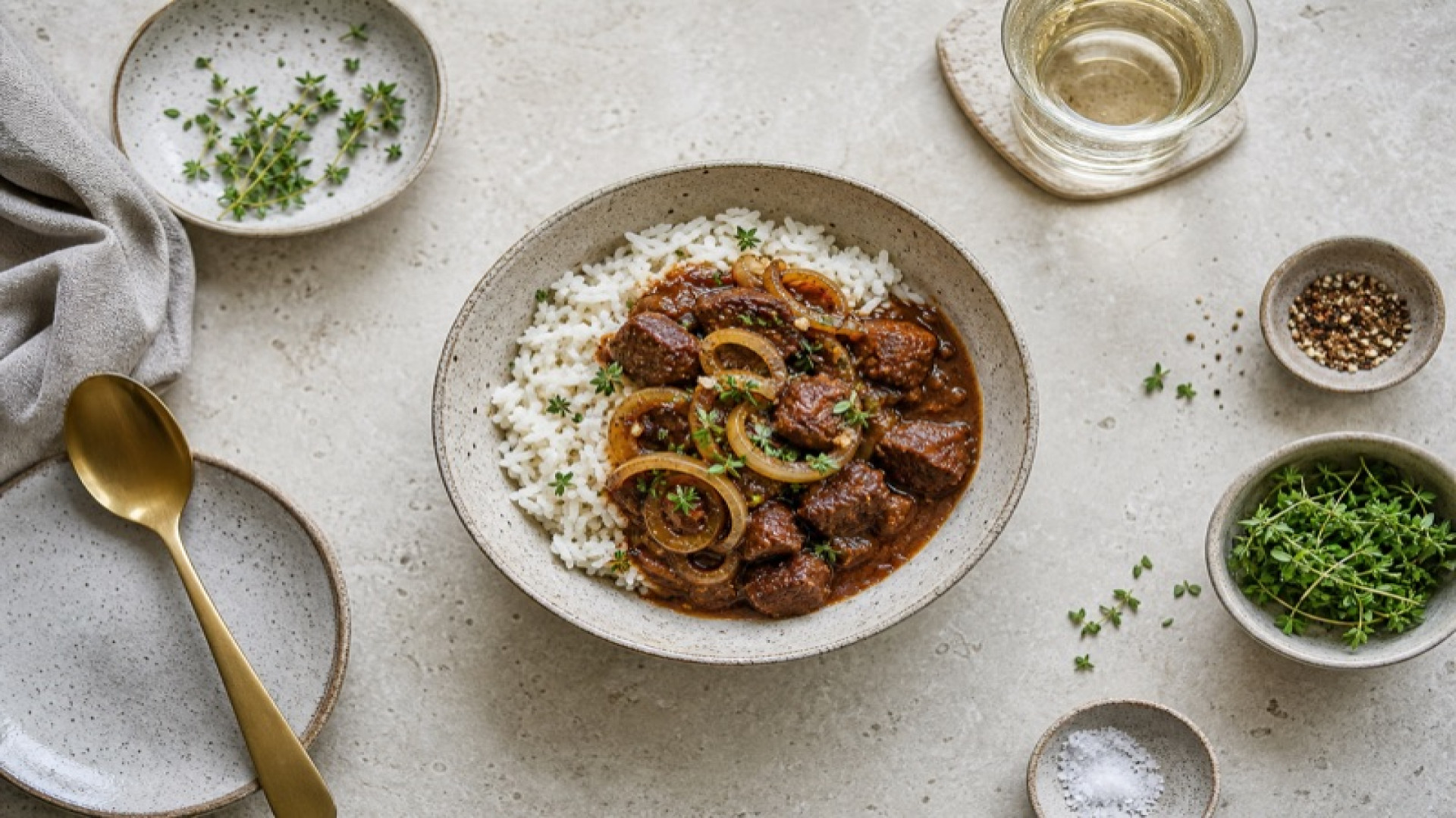 Schnelle Rindergulasch-Bowl mit Reis und Zwiebeln