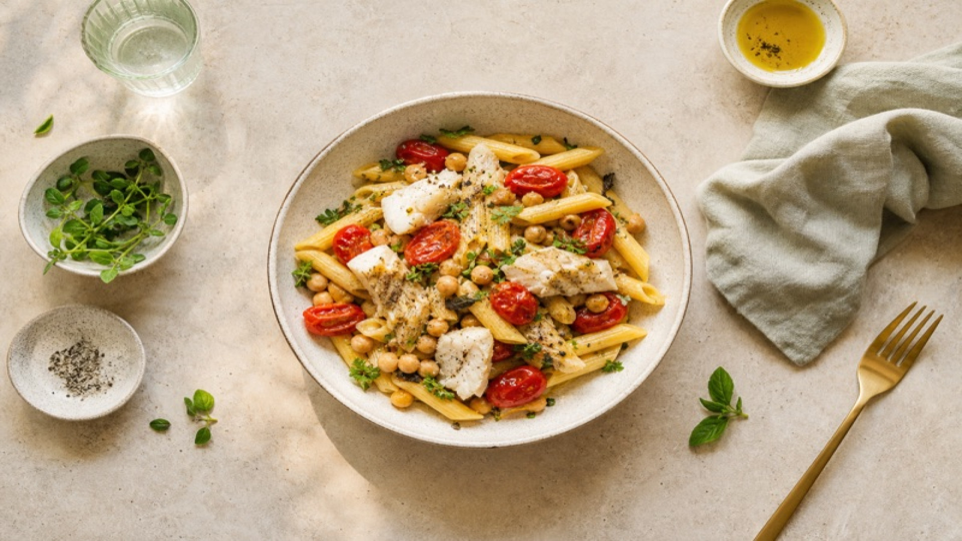 Seehecht-Pasta-Bowl mit Kichererbsen und Datteltomaten