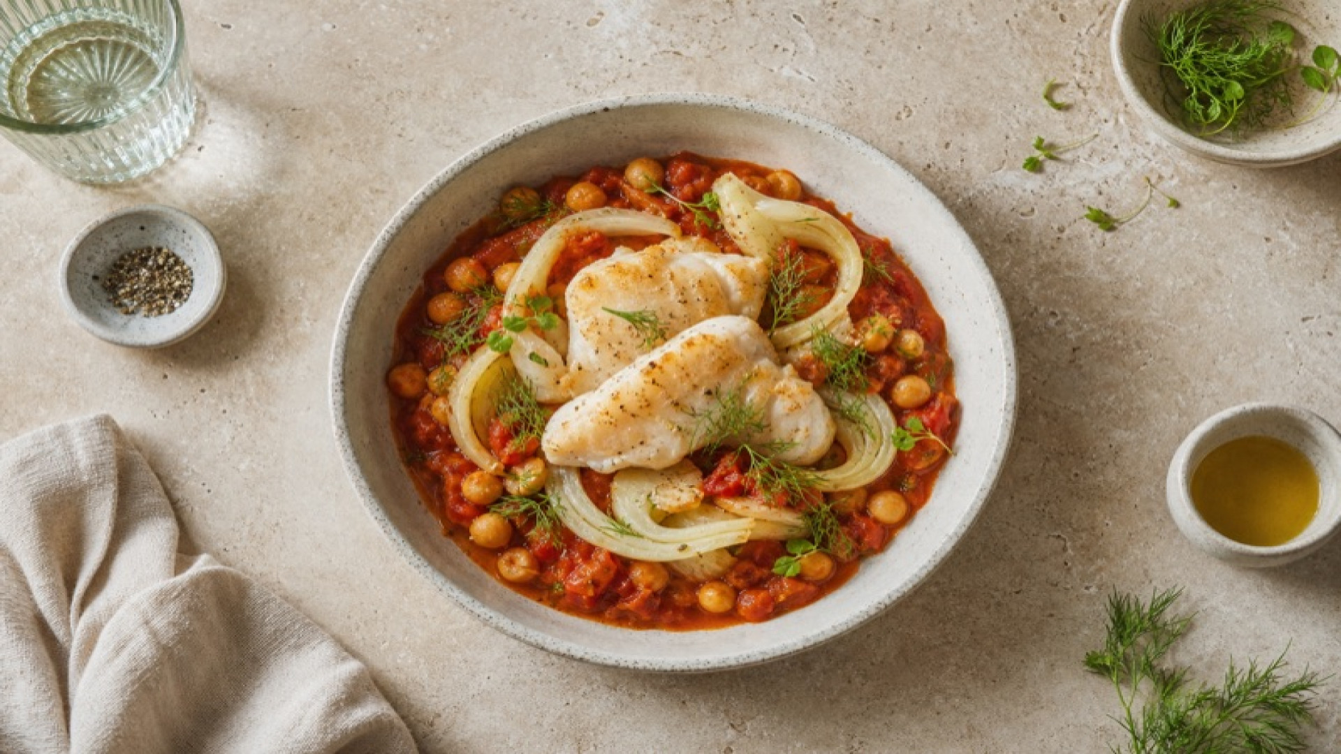 Seeteufel-Bowl mit Fenchel und Kichererbsen-Tomatensauce
