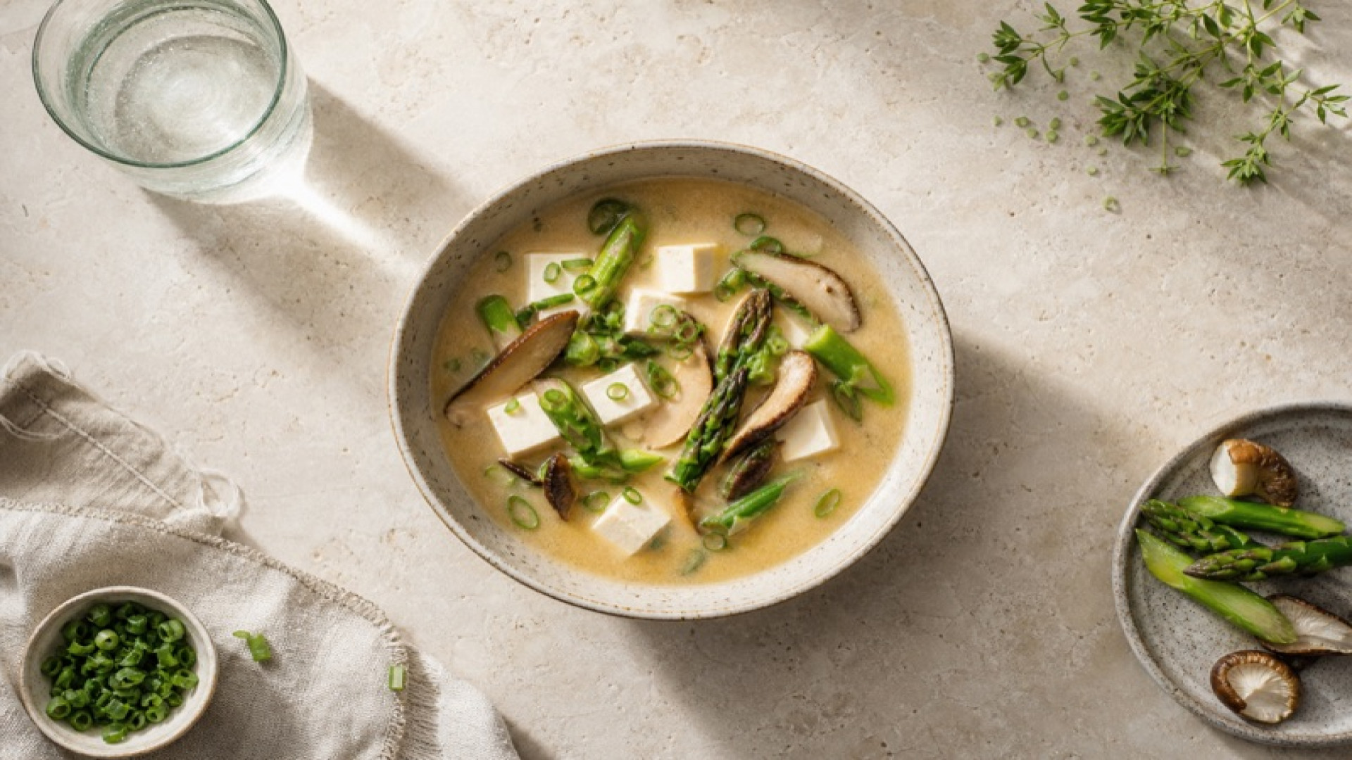 Seidentofu-Miso-Suppe mit Steinpilzen und Grünem Spargel
