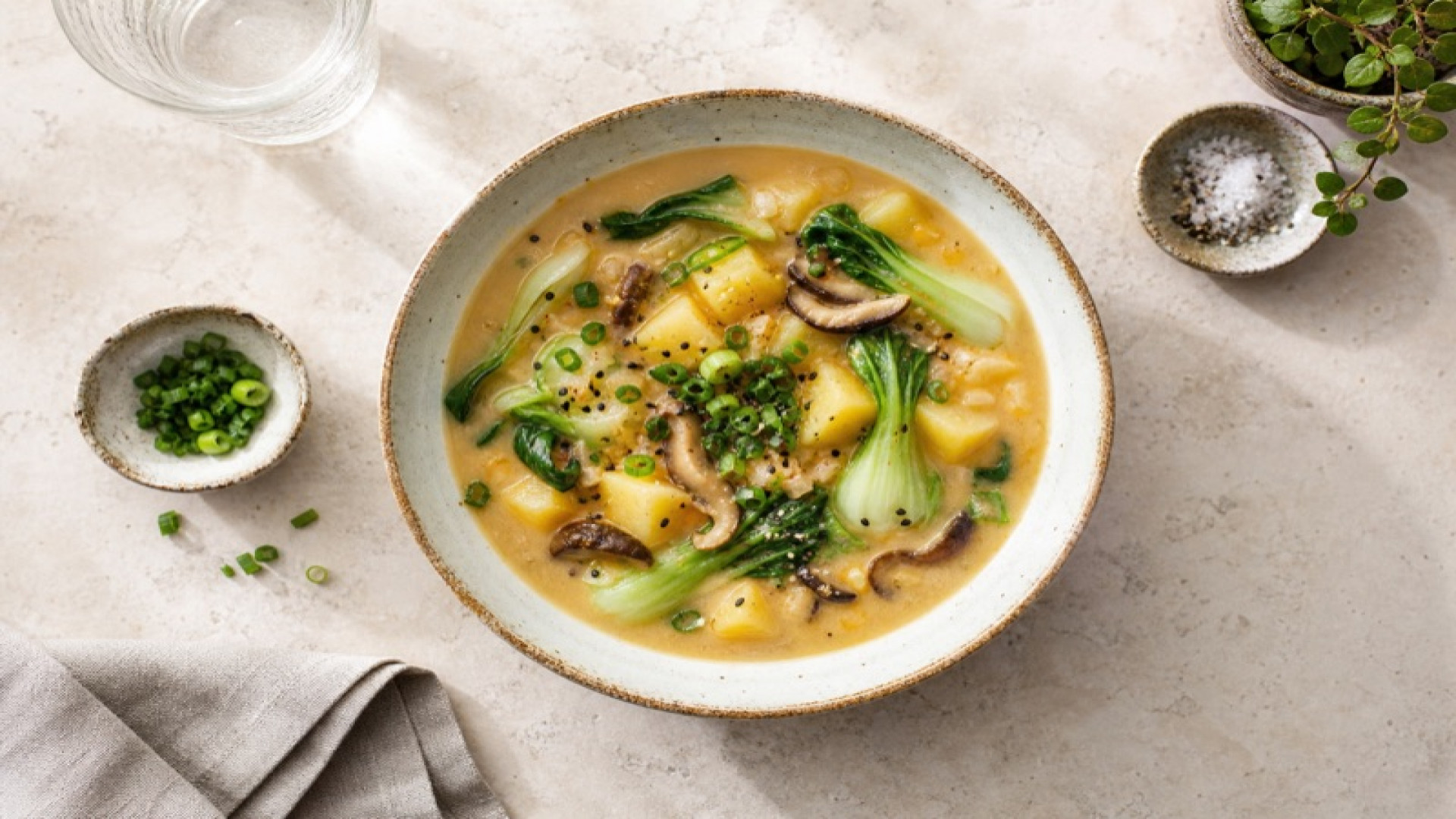 Seidiger Kartoffel-Miso-Eintopf mit Pak-Choi-Gemüse