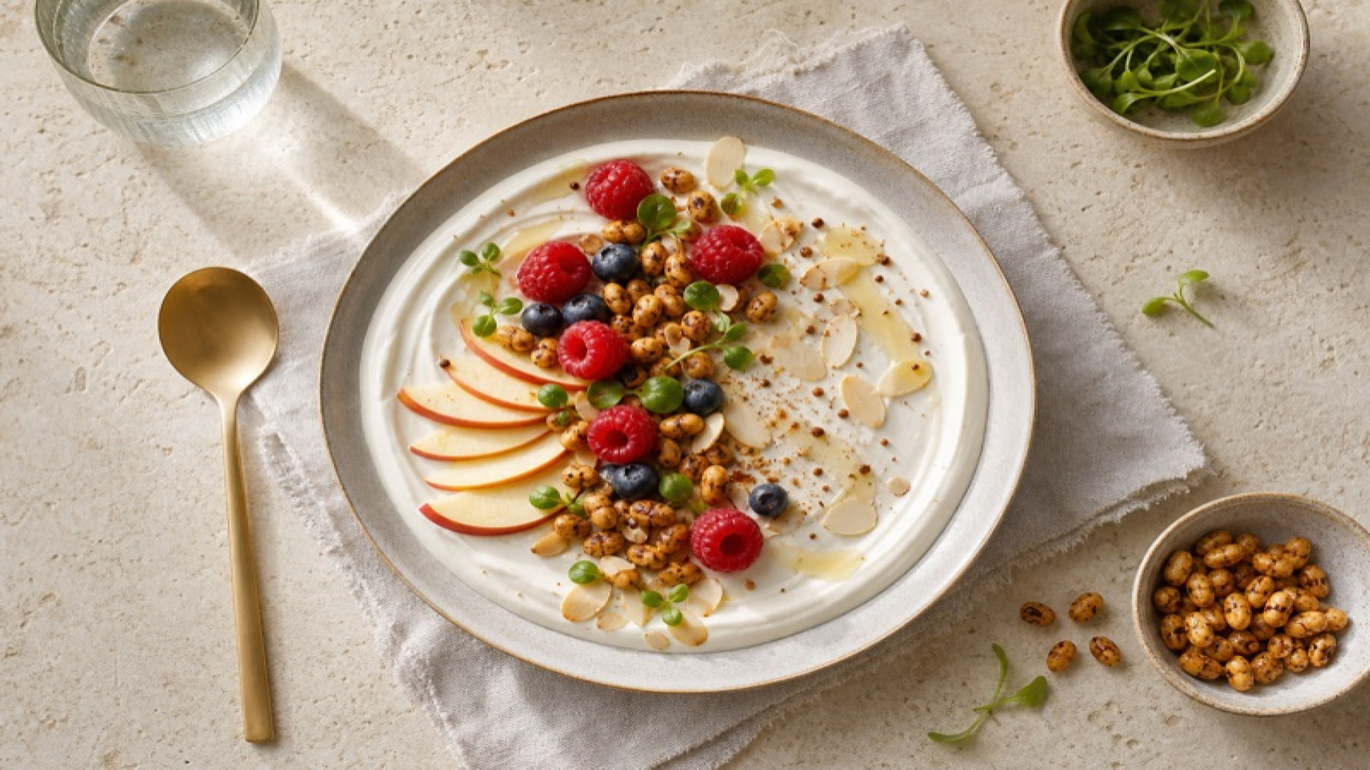 Seidiger Sojajoghurt-Bowl mit gerösteten Sojakernen