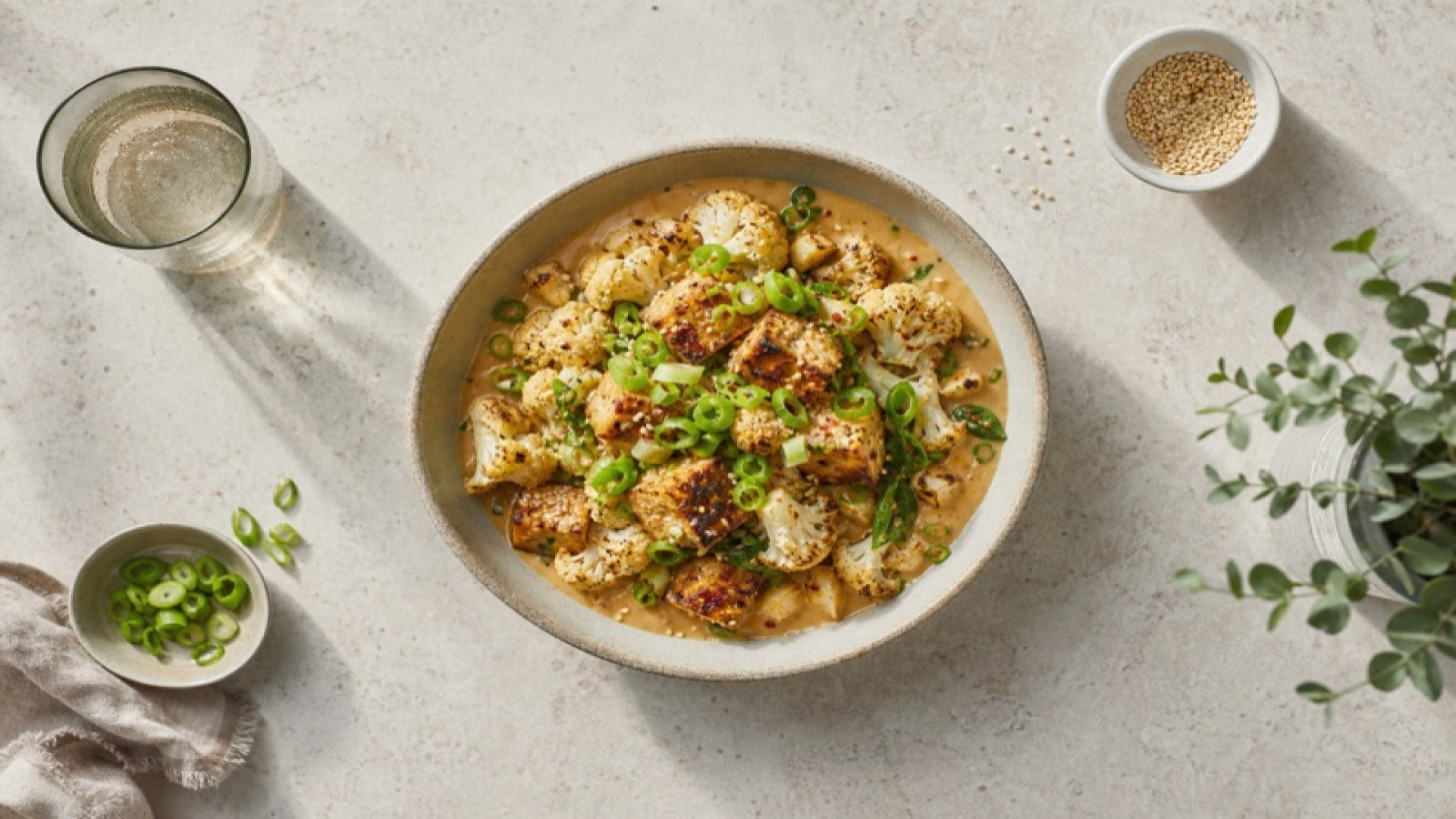 Seidiger Tofu-Miso-Bowl mit Blumenkohl und Frühlingszwiebeln