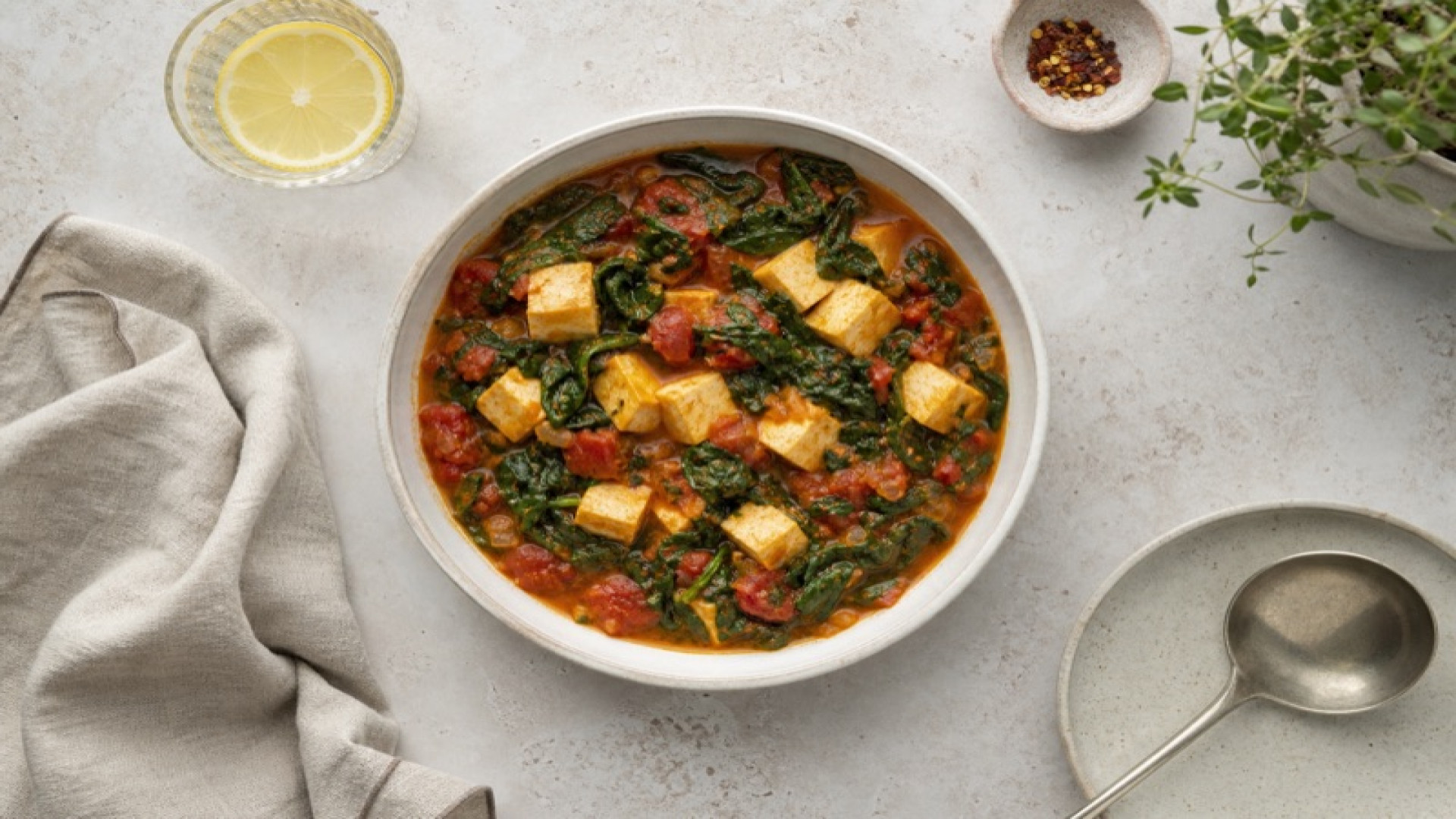 Seidiger Tofu-Spinat-Eintopf mit Dosentomaten