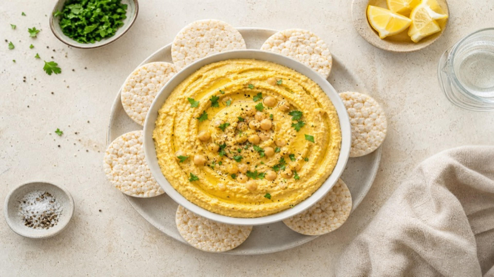 Selbstgemachtes Hummus mit Reiswaffeln