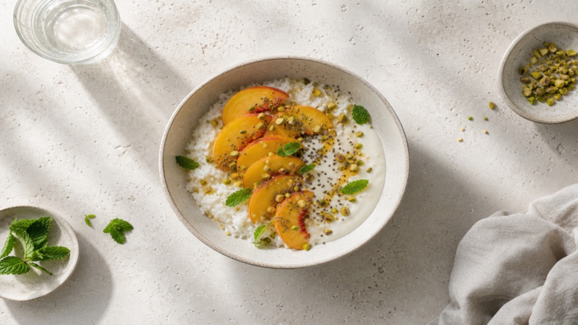 Süßer Reis-Bowl mit Pfirsich und Sojajoghurt