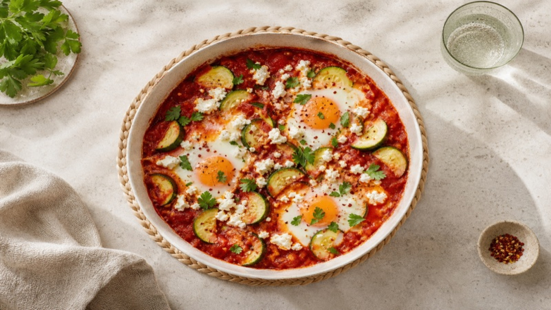 Shakshuka mit Schafskäse und Zucchini
