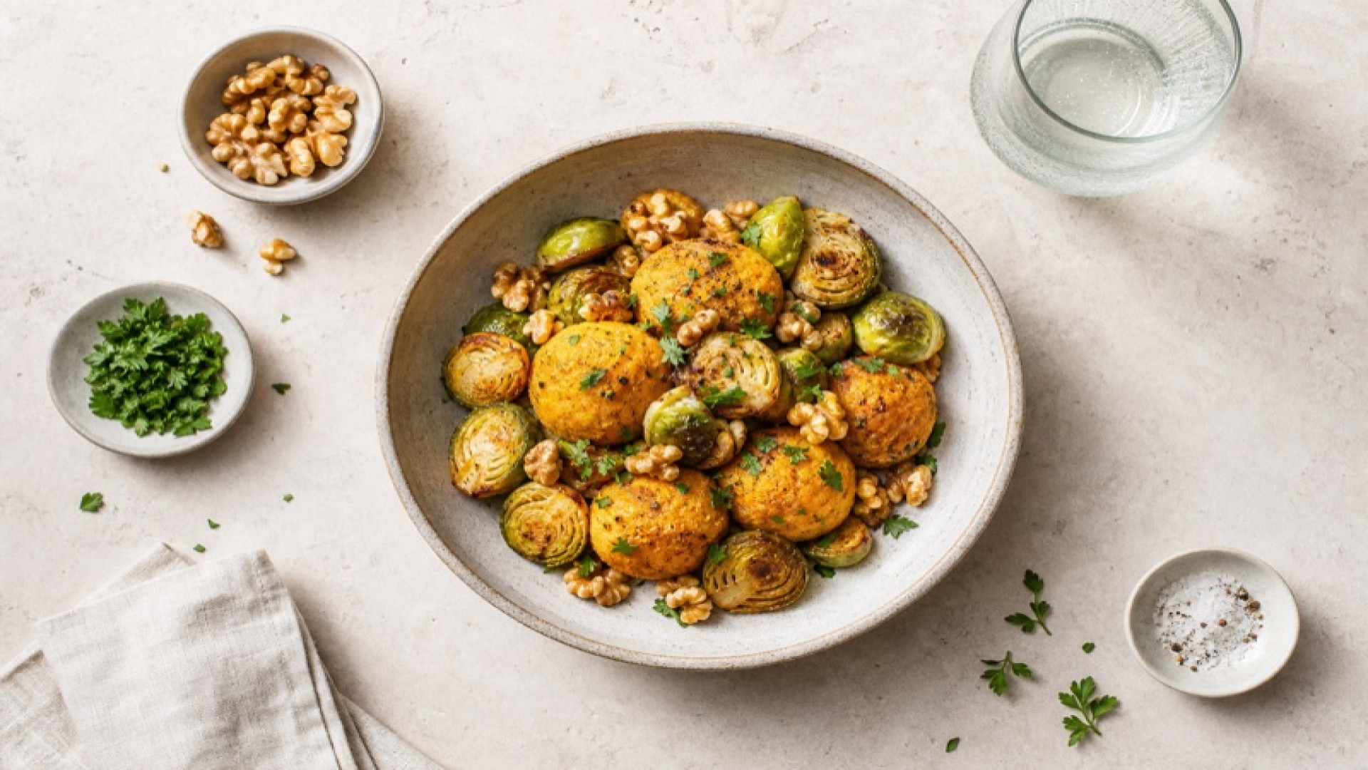 Süßkartoffel-Kloß-Bowl mit Rosenkohl und Walnuss