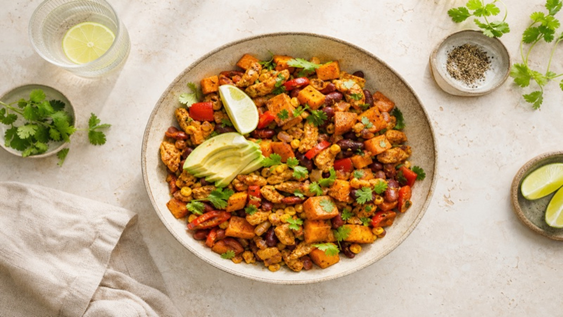 Süßkartoffel-Pfanne mit mexikanischem Gemüse und Sojaprotein