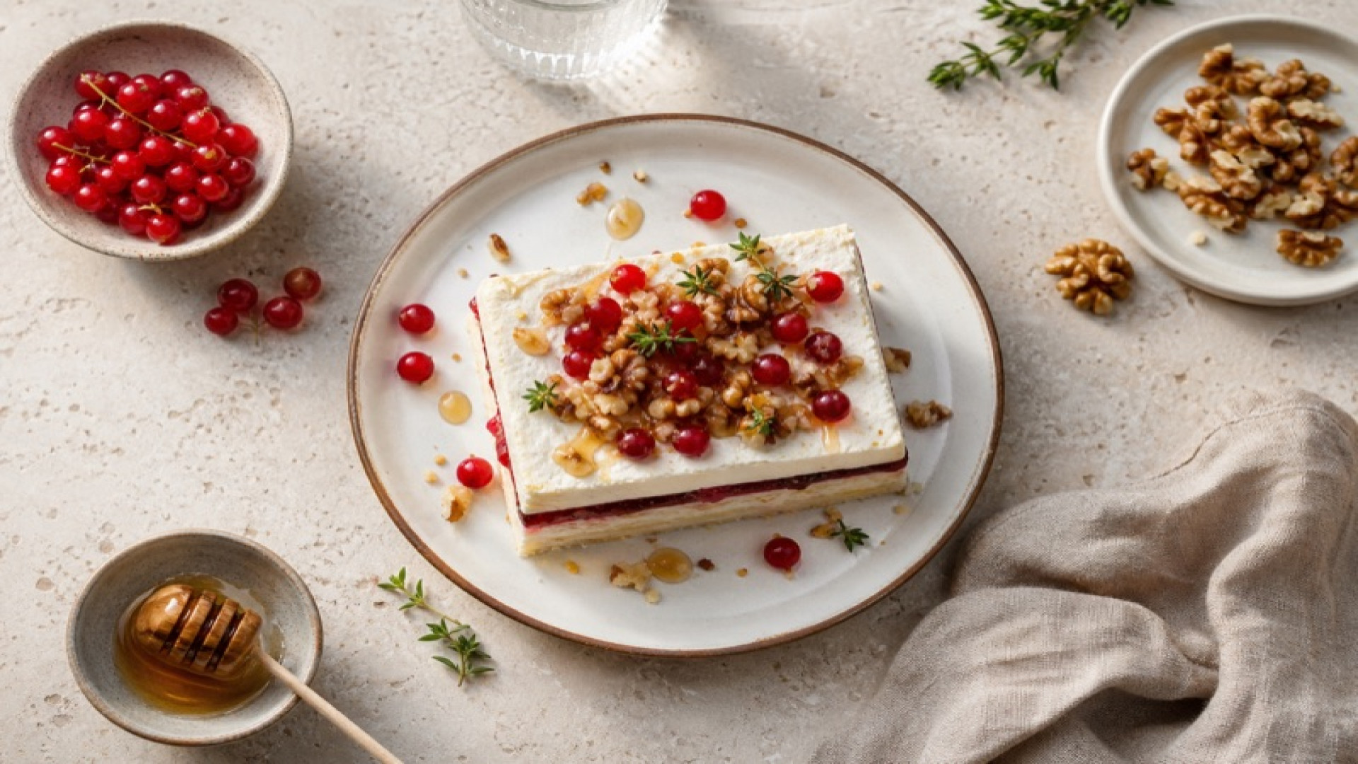 Skyr-Schichtkäse mit roter Johannisbeere und gerösteten Walnüssen