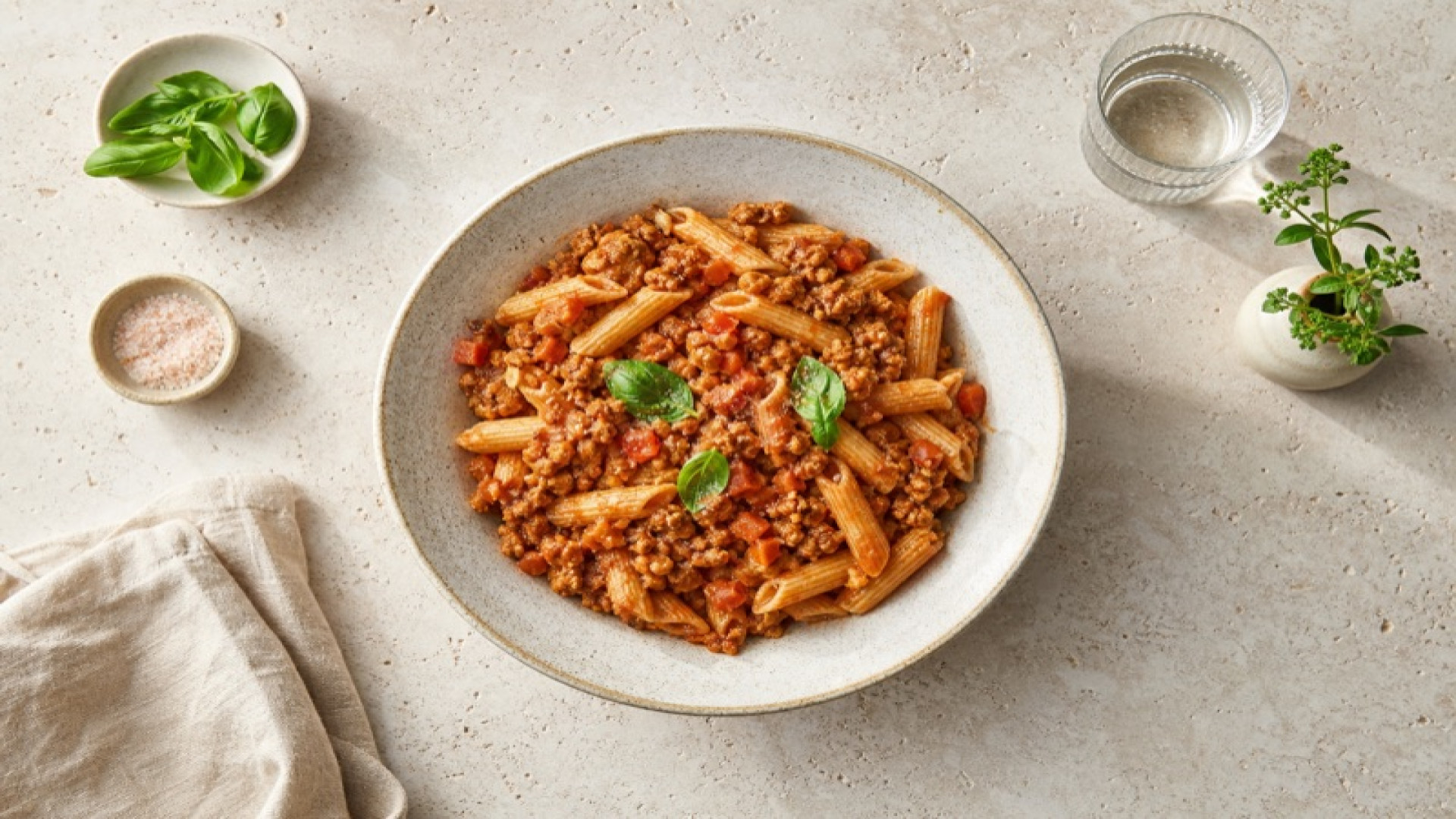 Soja-Bolognese mit Vollkornpasta und Tomatenmark