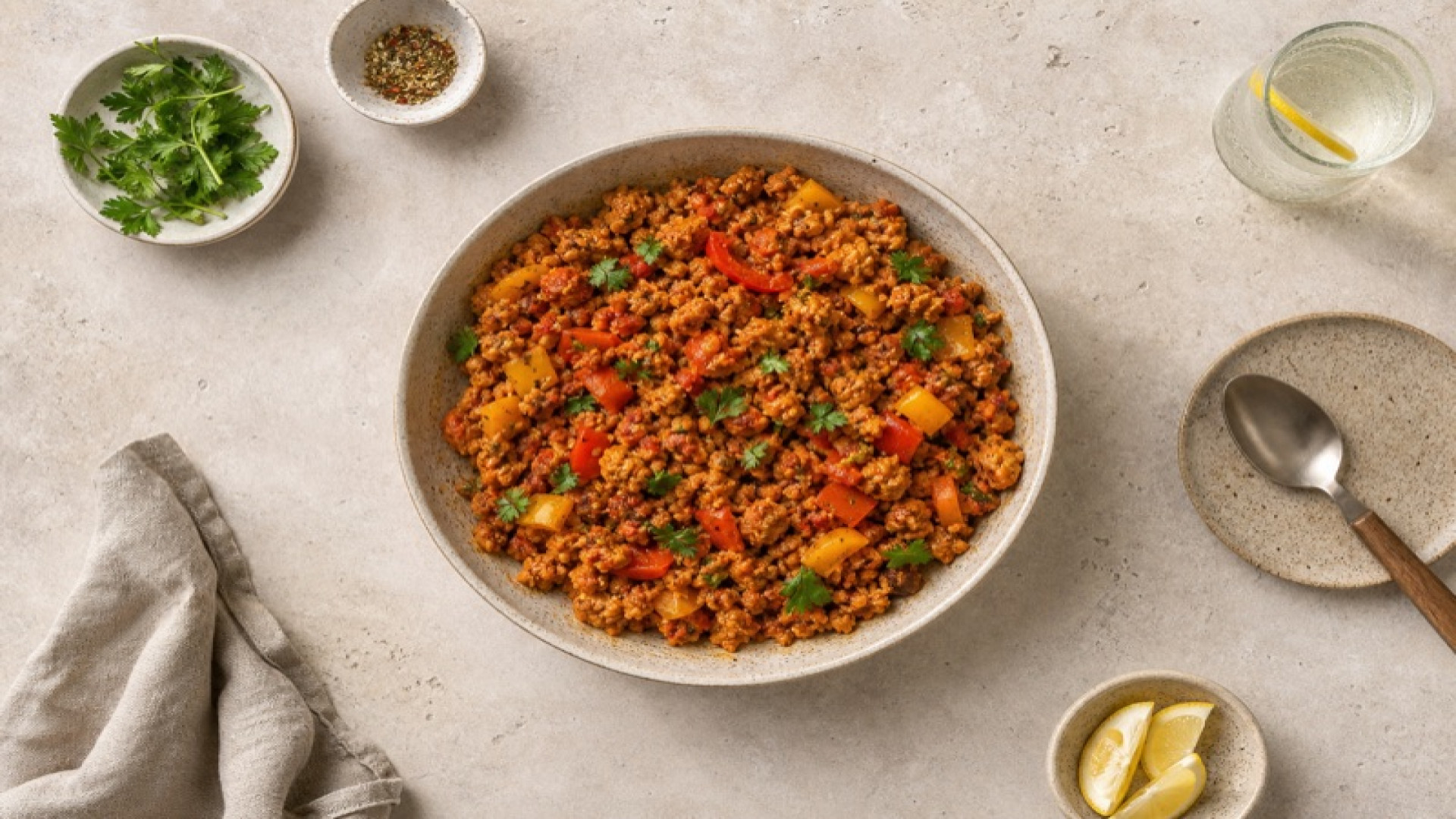 Sojagranulat-Pfanne mit Paprika und Tomatenmark