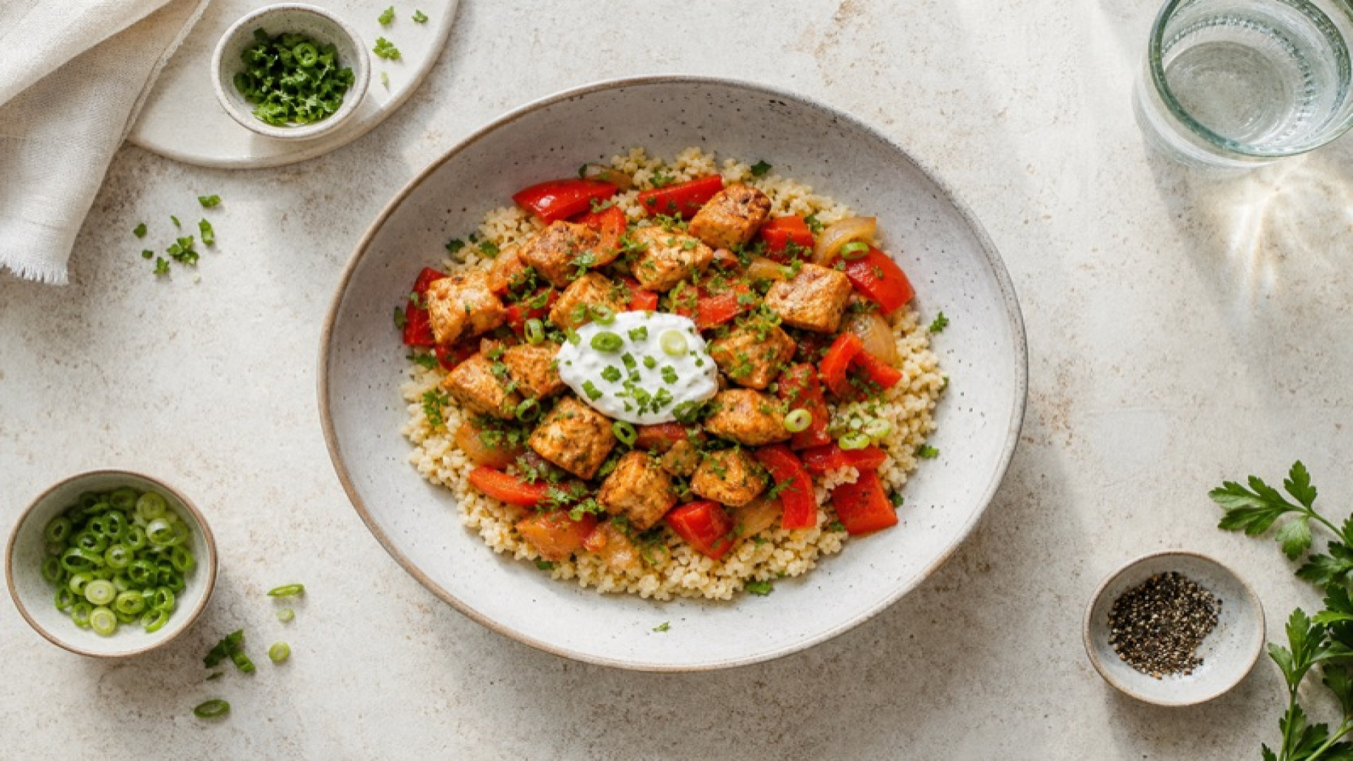 Sojaschnetzel-Bowl mit Bulgur und Paprika