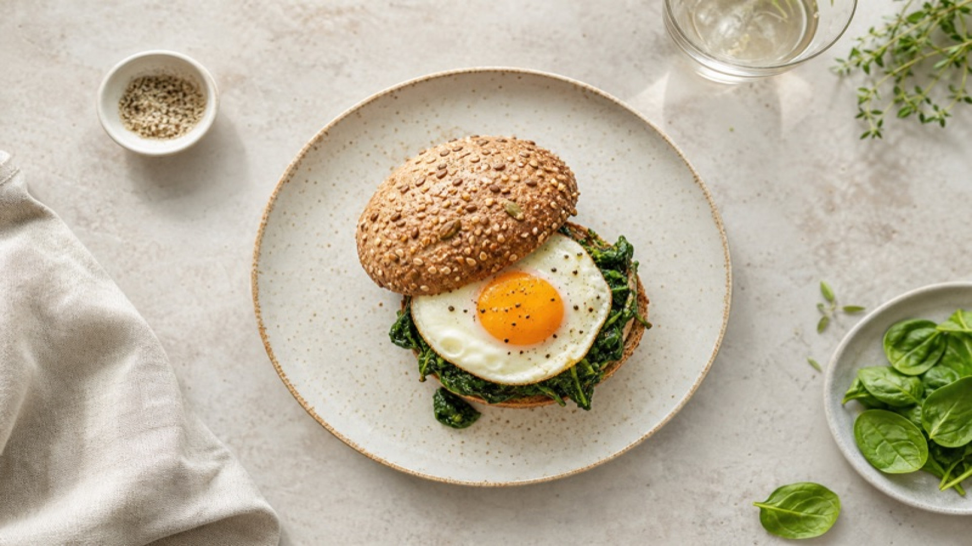 Spiegelei-Vollkornbrötchen mit gebratenem Spinat