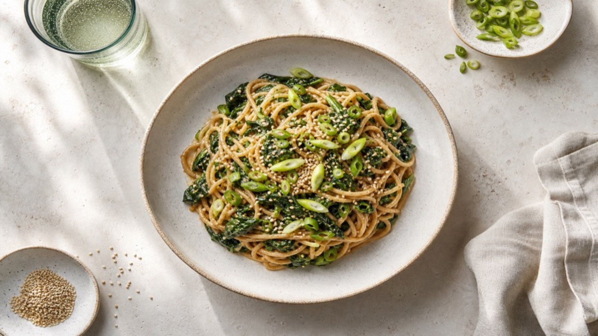 Spinat-Miso-Nudeln mit Frühlingszwiebeln und Sesamöl