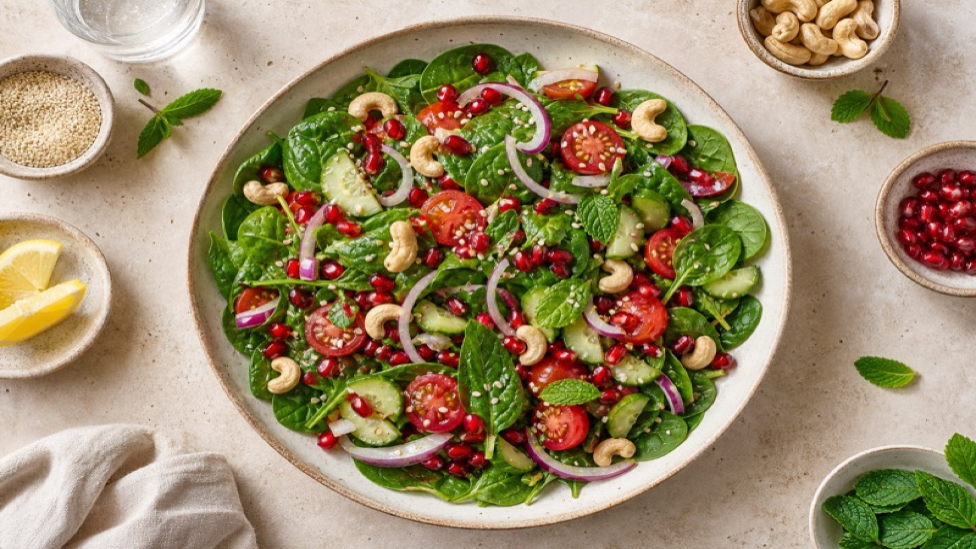 Spinatsalat mit frischen Gurken, Tomaten, Zwiebeln, Granatapfel, Sesam und Cashewnüssen