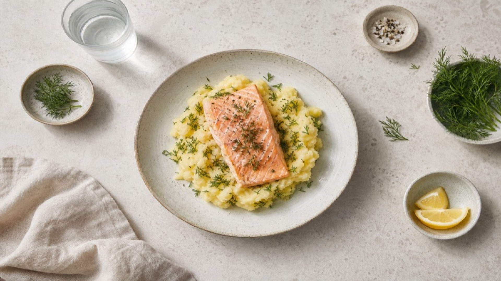 Stampfkartoffeln mit gedünstetem Lachs und Dill