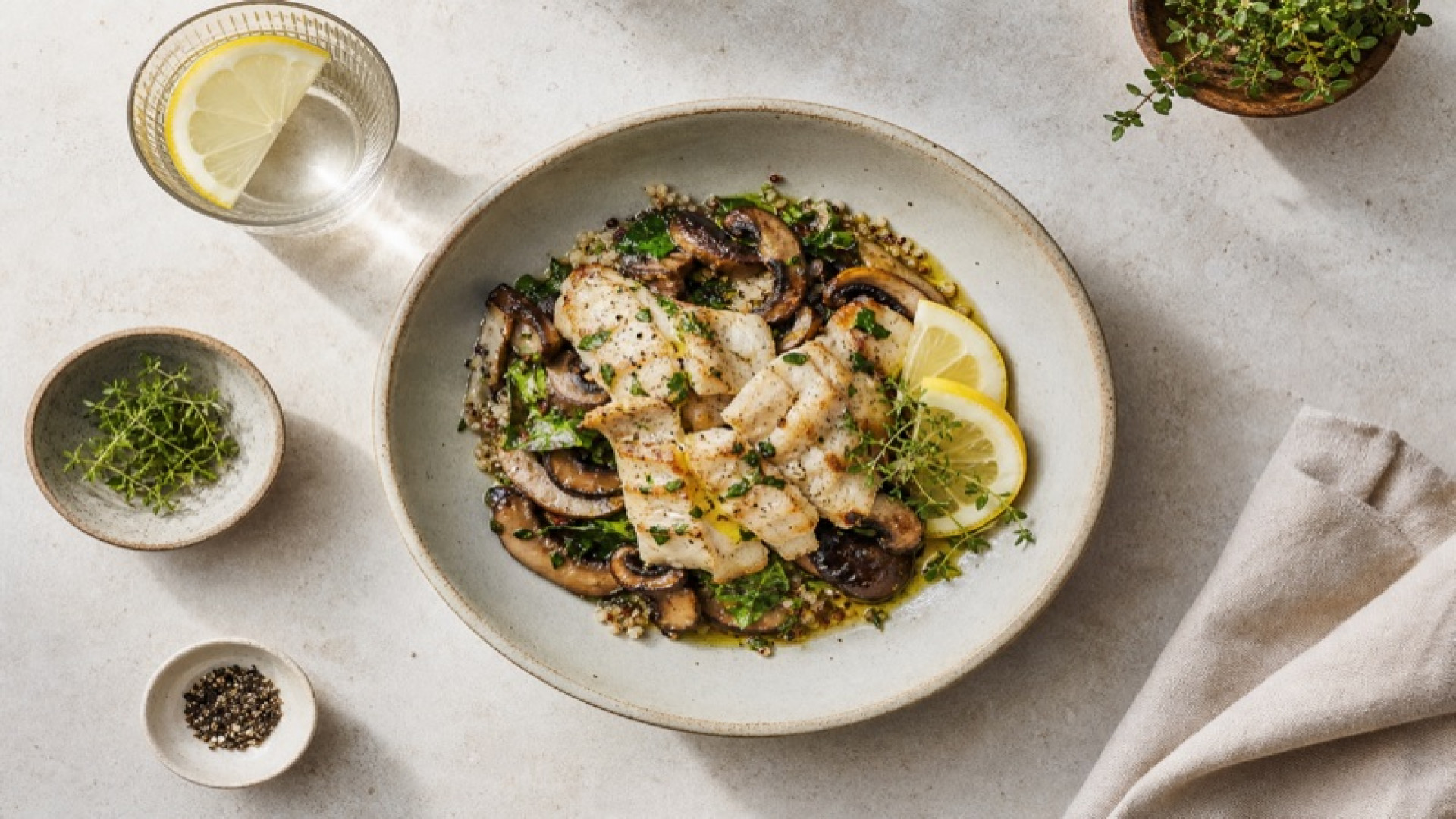 Steinbutt-Bowl mit Champignons und Zitrone