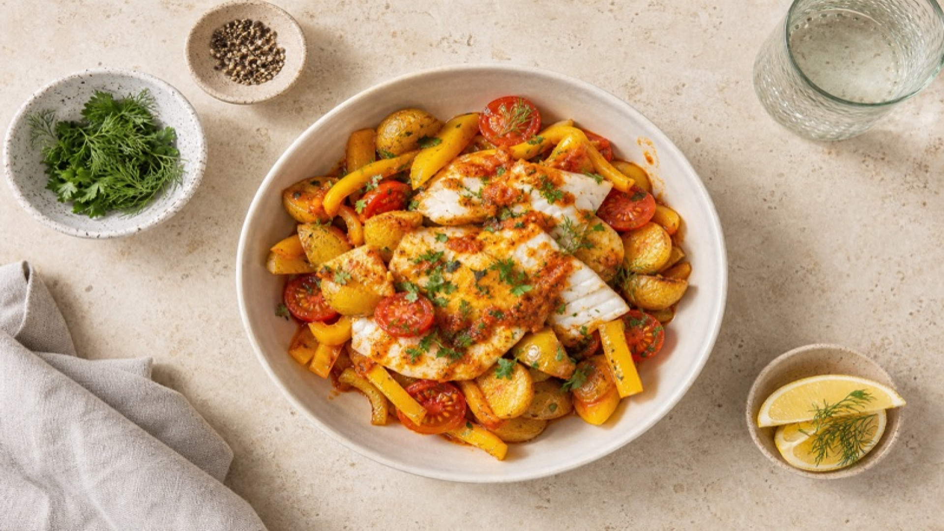 Steinbutt-Kartoffel-Bowl mit gelbem Paprika und Tomatenmark
