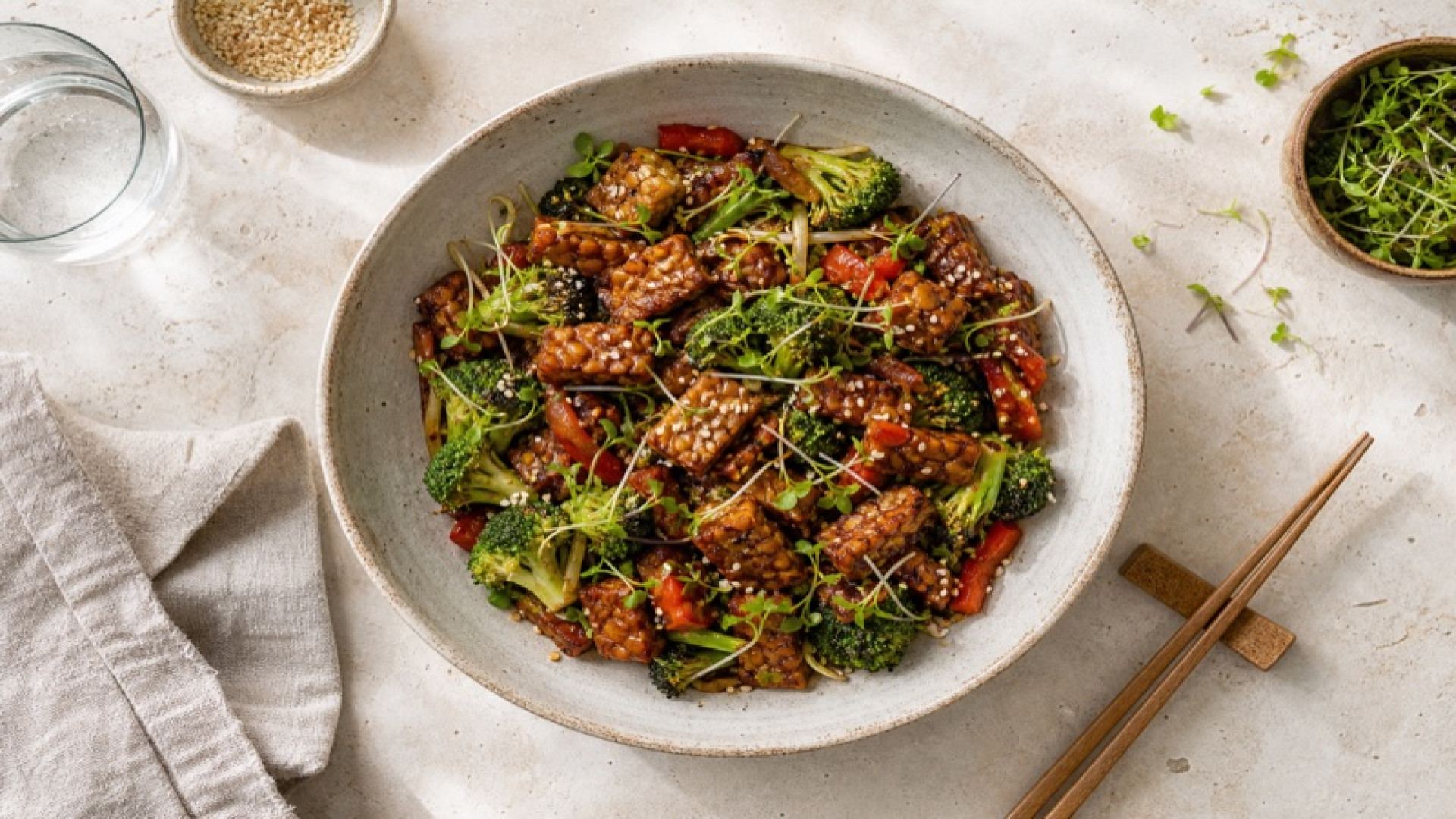 Tempeh-Pfanne mit Teriyaki und Brokkoli-Sprossen