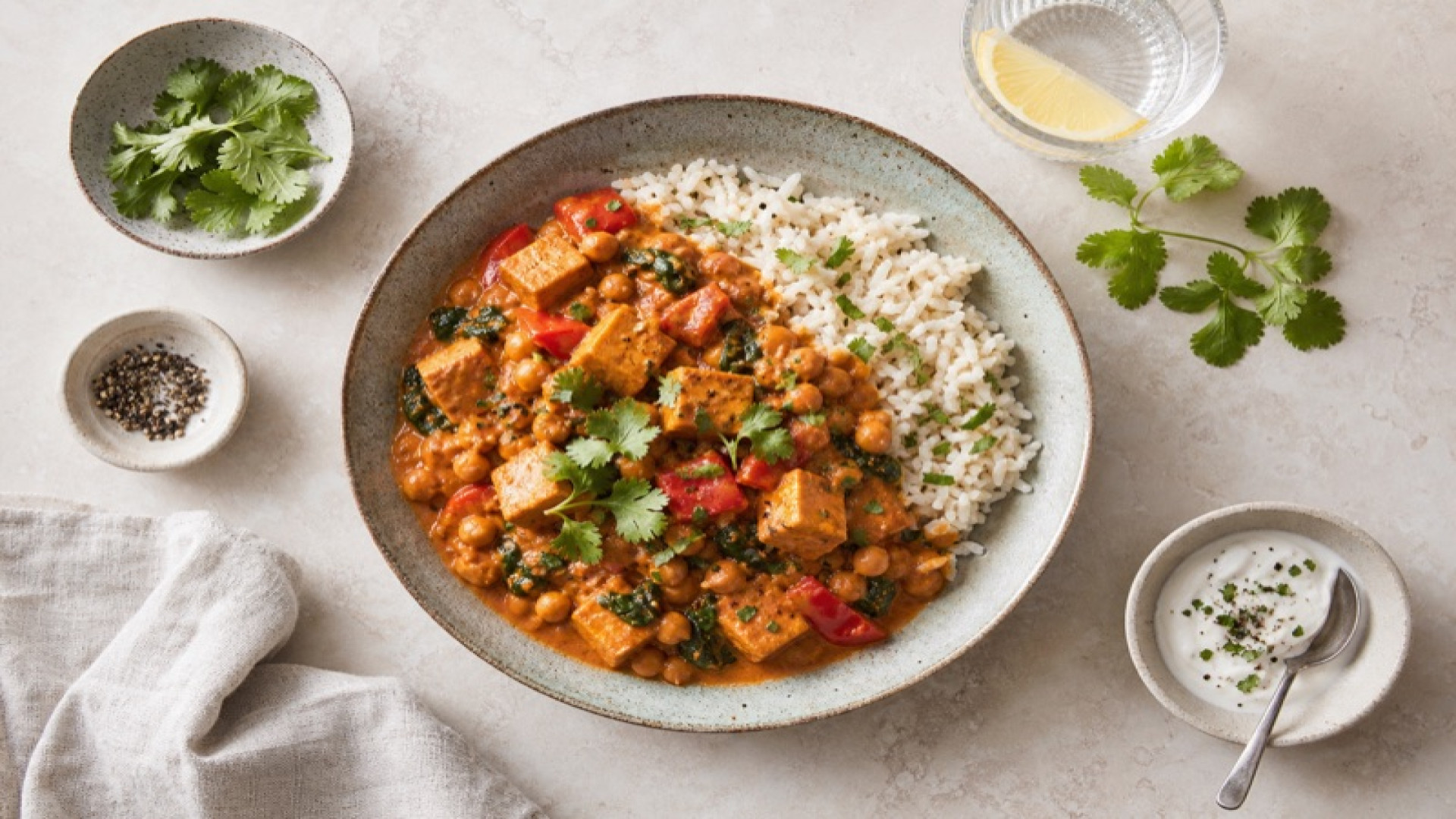 Tikka-Masala-Pfanne mit Kichererbsen-Tofu auf Reis