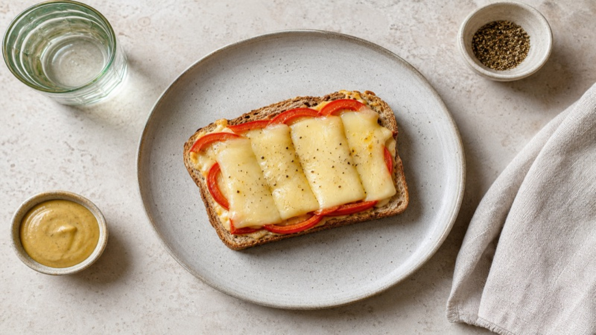 Tilsiter-Toast auf Weizenmischbrot mit Senf und Paprika
