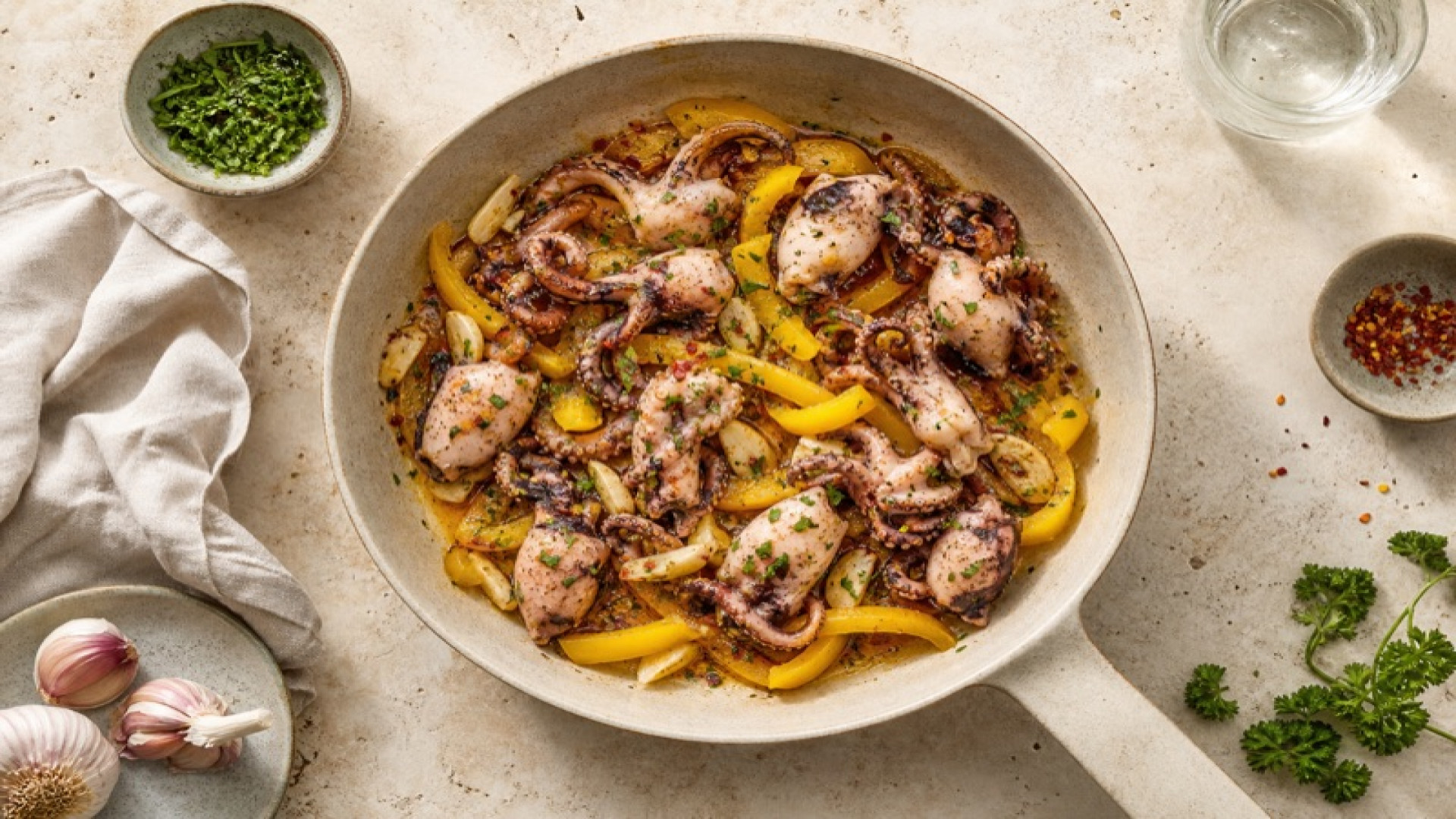Tintenfisch-Pfanne mit gelbem Paprika und Knoblauch