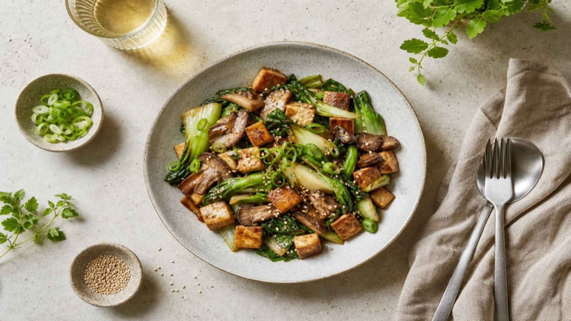 Tofu-Austernpilz-Pfanne mit Pak Choi