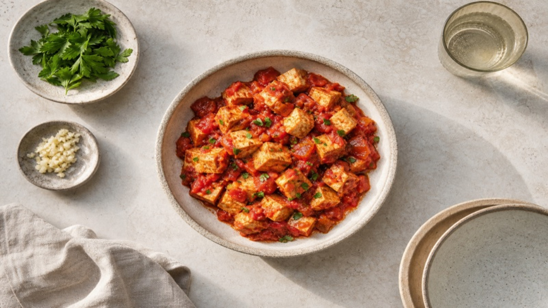 Tofu-Pfanne mit Dosentomaten und Knoblauch