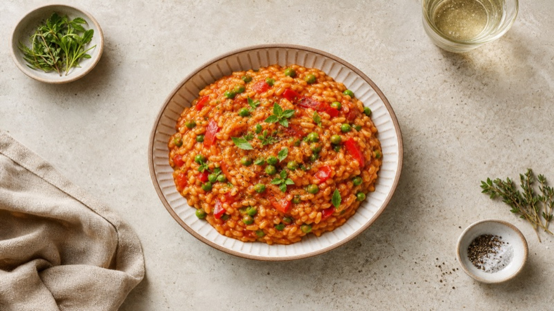 Tomaten-Reis-Eintopf mit Erbsen und Paprika