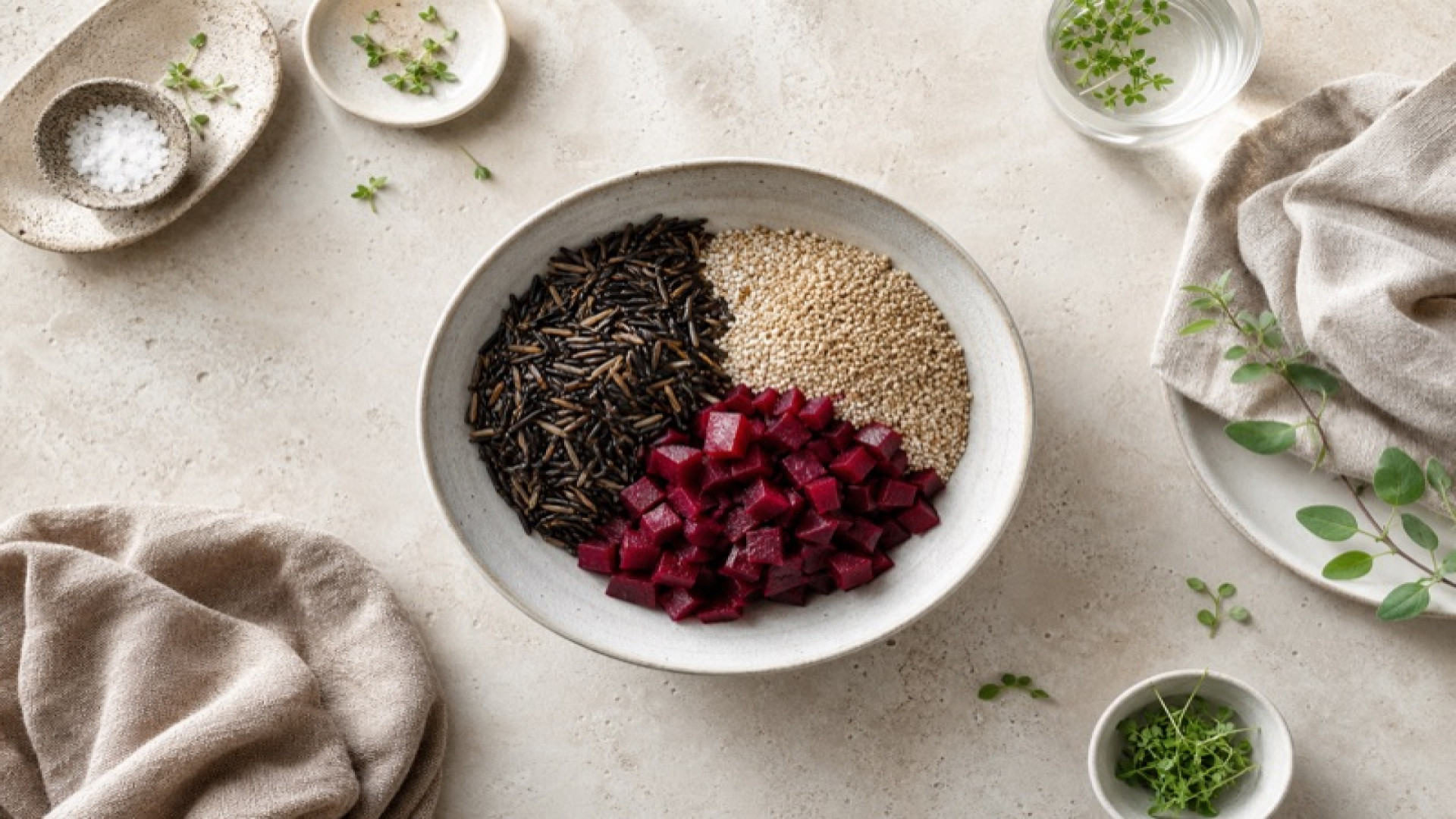 Ungekochter Reis-Bowl mit Wildreis, Roten Rüben und Quinoa