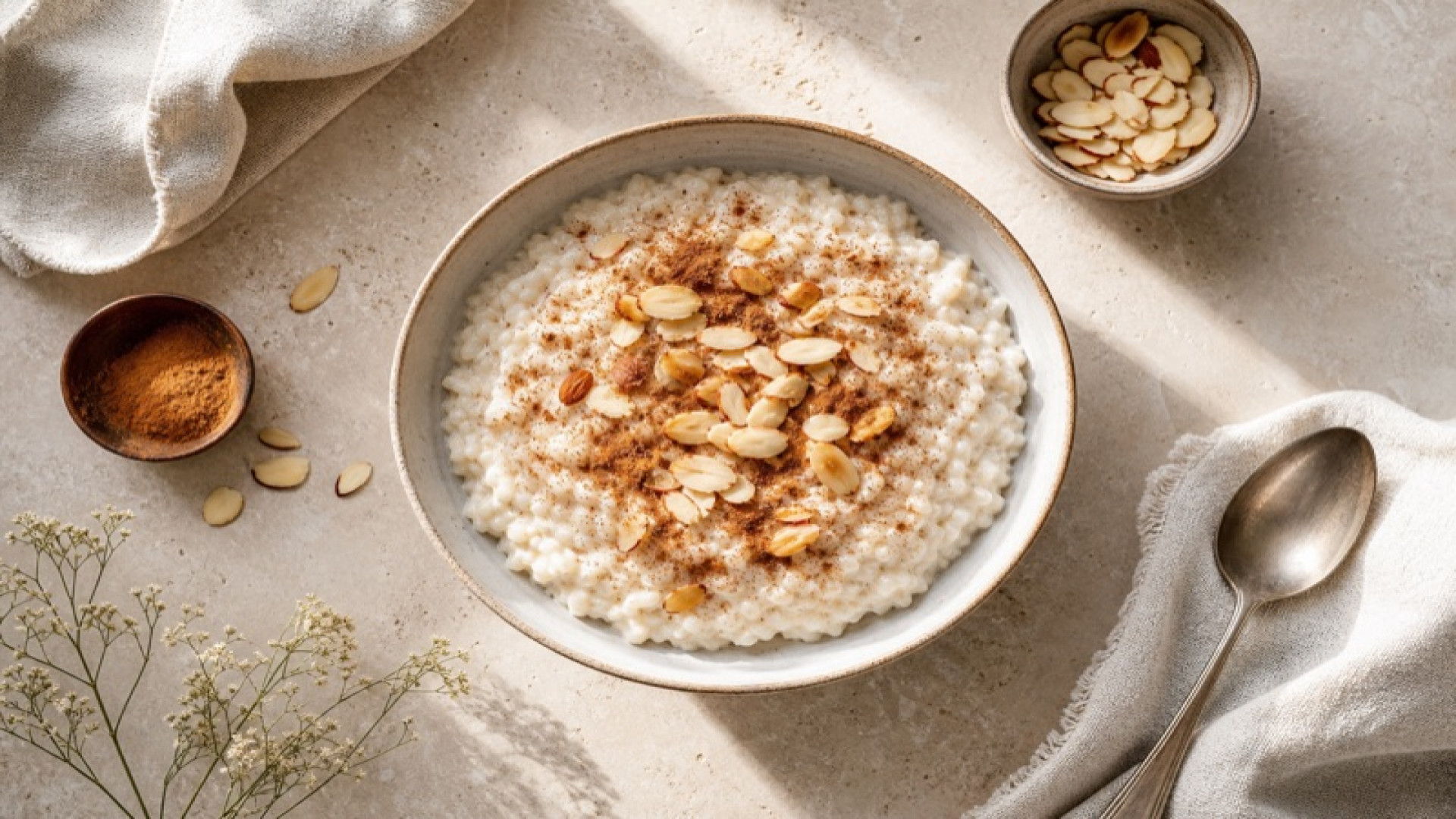 Veganer Milchreis mit Kokosmilch, Zimtpulver und Mandeln