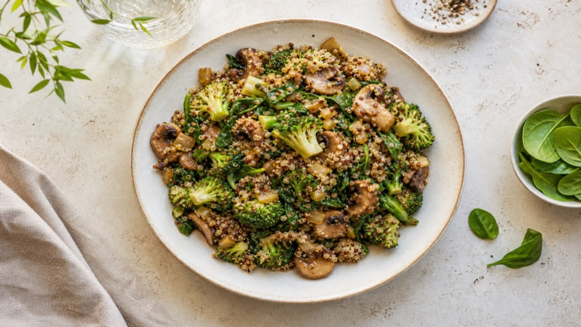 Veganer Salat aus Gemüse - Brokkoli, Pilzen, Spinat und Quinoa