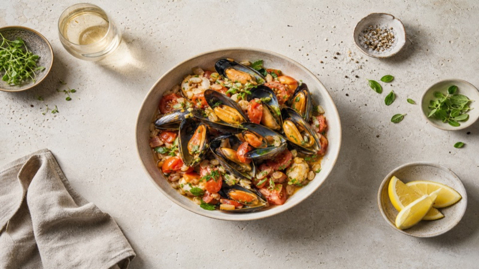 Venezianische Miesmuschel-Bowl mit Tomaten und Ebly