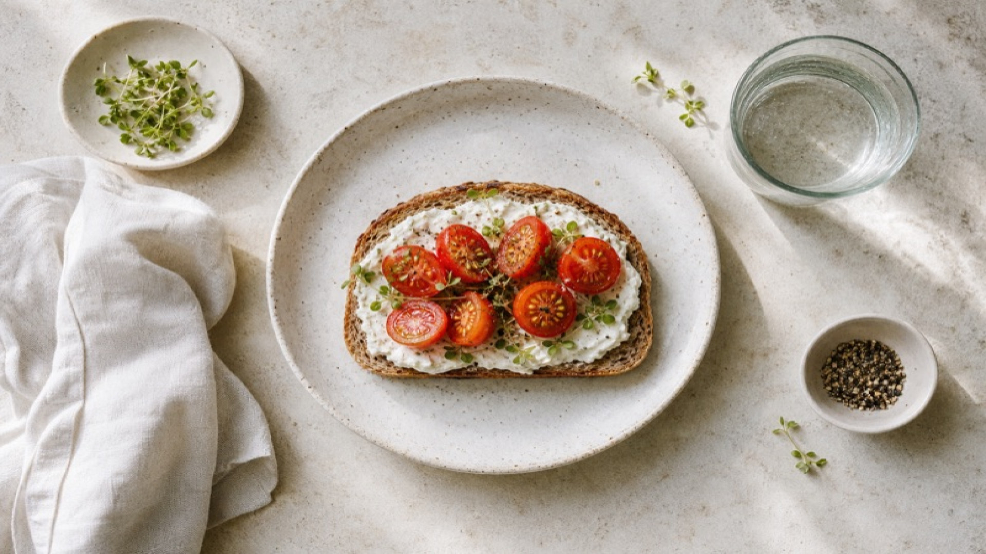 Vollkornbrot mit Quark-Kräuteraufstrich und Kirschtomaten