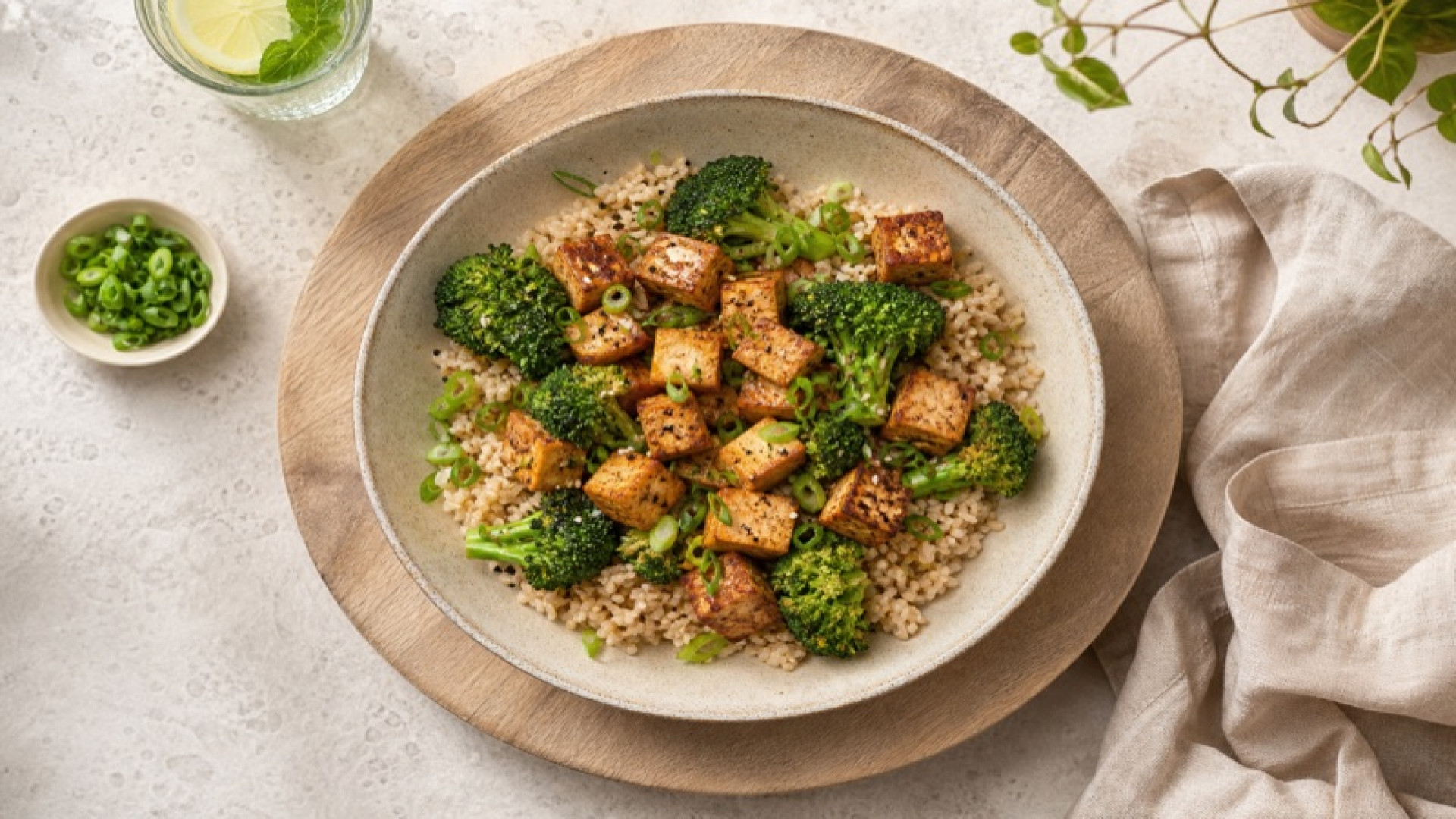 Vollkornreis-Bowl mit Broccoli und gebratenem Tofu