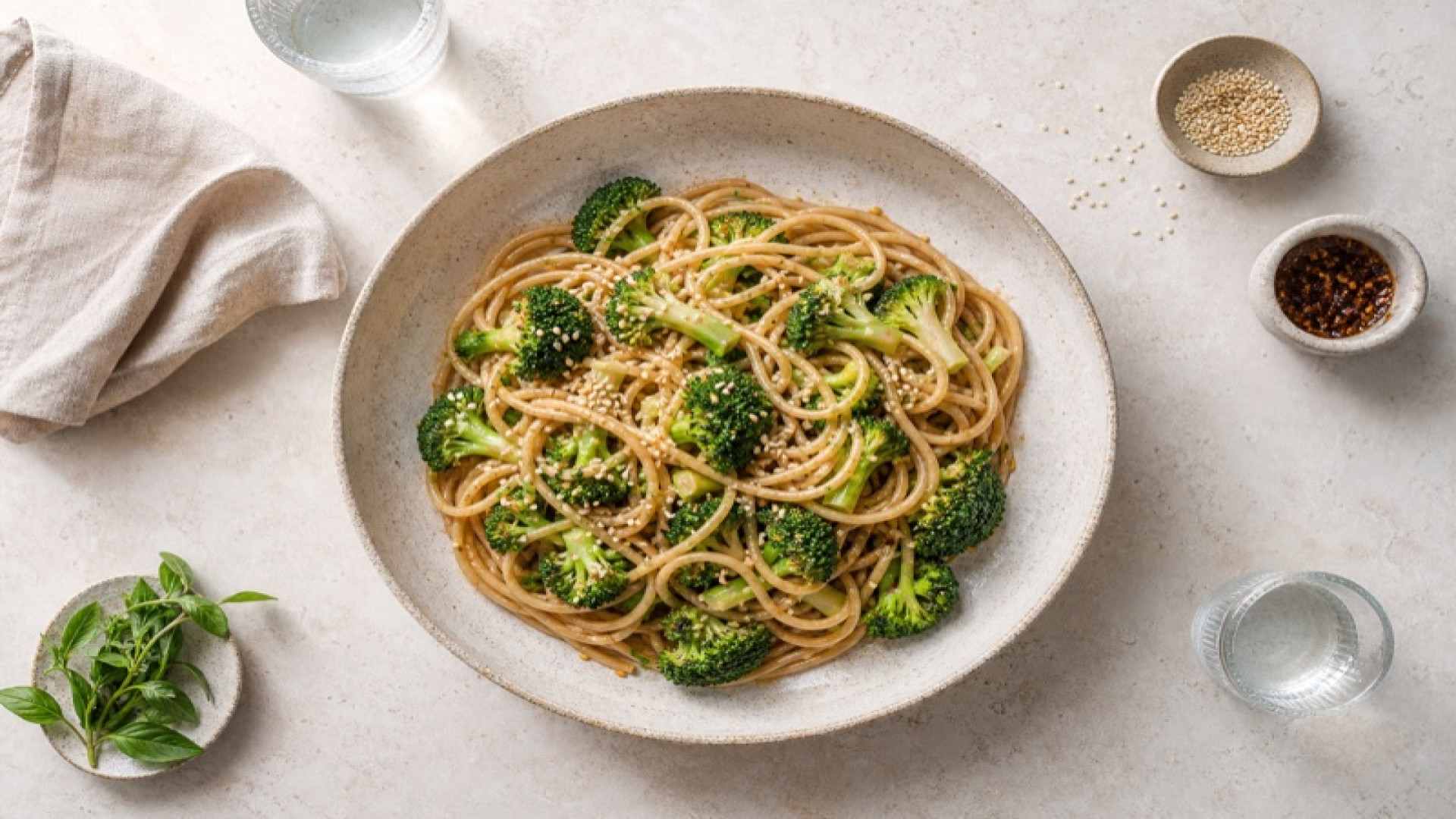 Vollkorn-Spaghetti mit Broccoli und Sesamöl