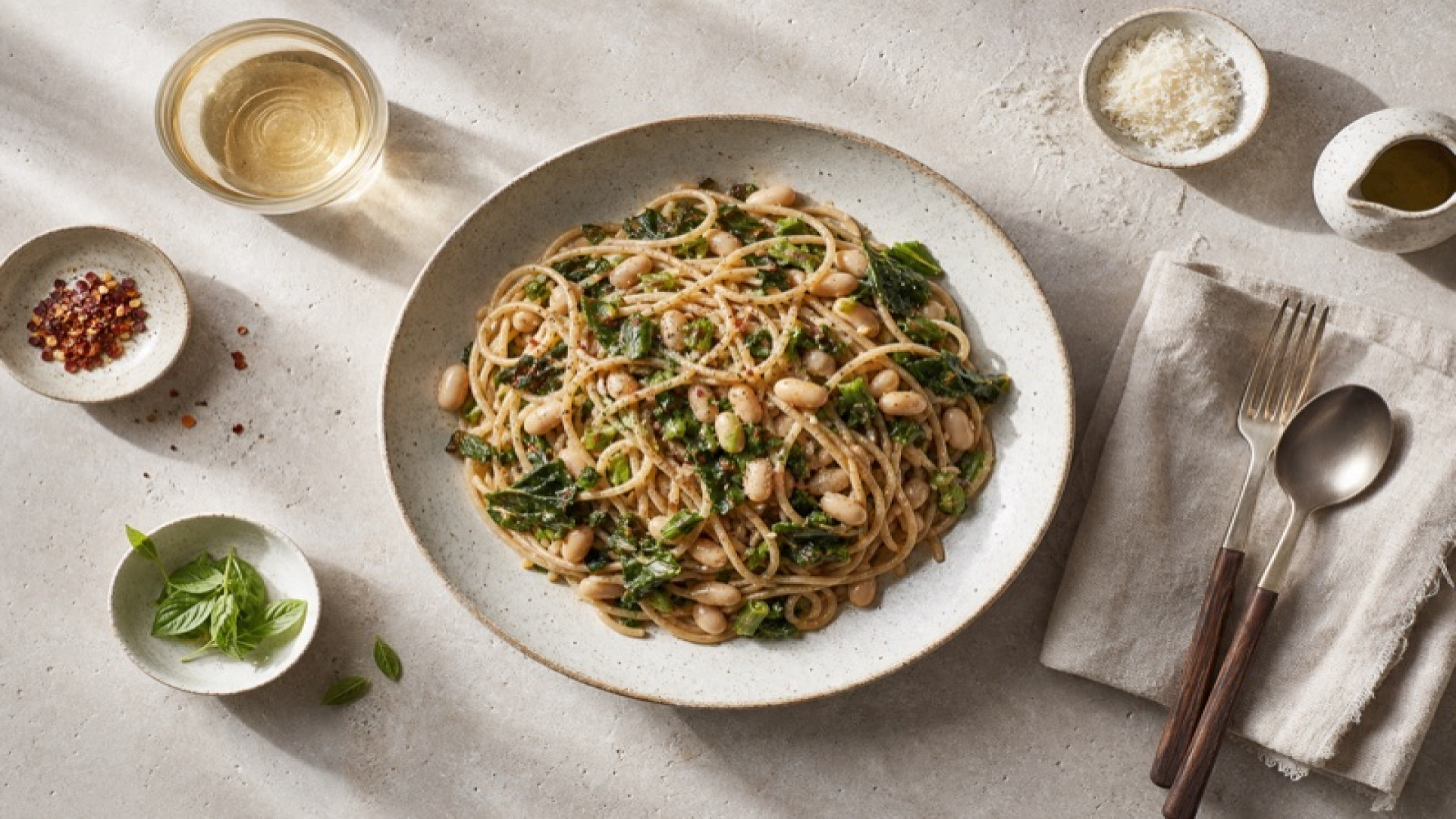 Vollkorn-Spaghetti mit Mangold und weißen Bohnen
