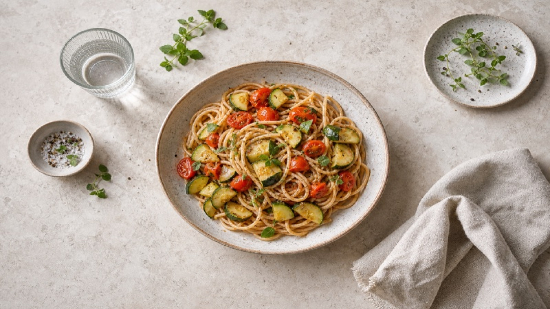 Vollkorn-Spaghetti mit Zucchini-Tomaten-Pfanne